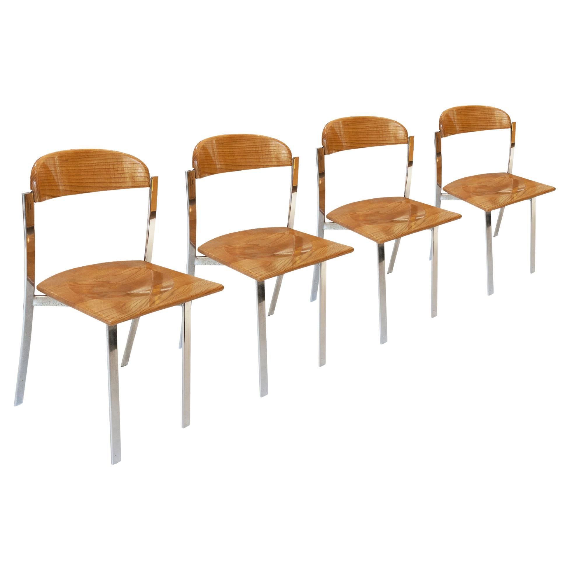 Mid-Century Modern Oak and Chromed Steel Set of Chairs, Italy, 1970  For Sale