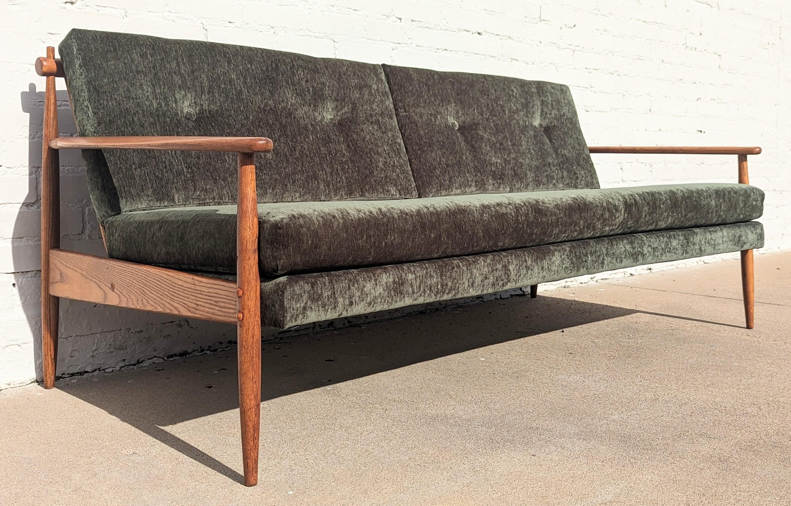 Mid-20th Century Mid Century Modern Oak And Velvet Sofa For Sale