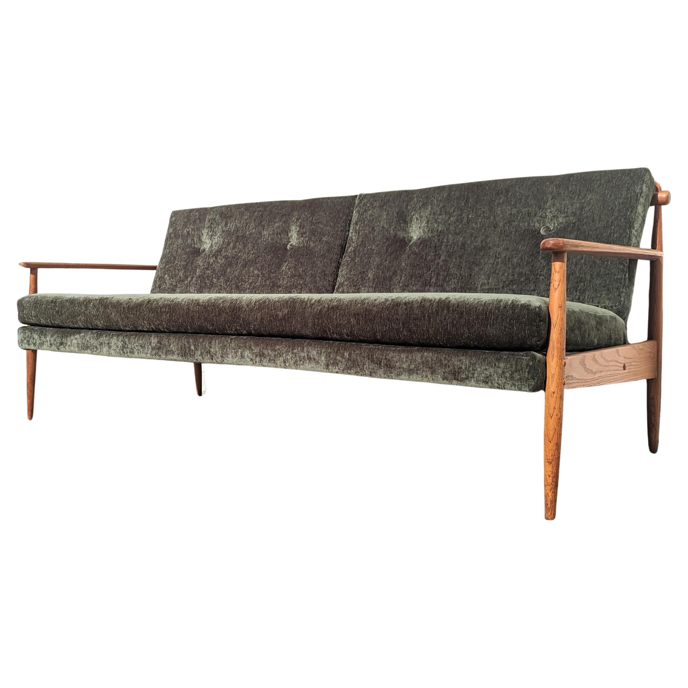 Mid Century Modern Oak And Velvet Sofa