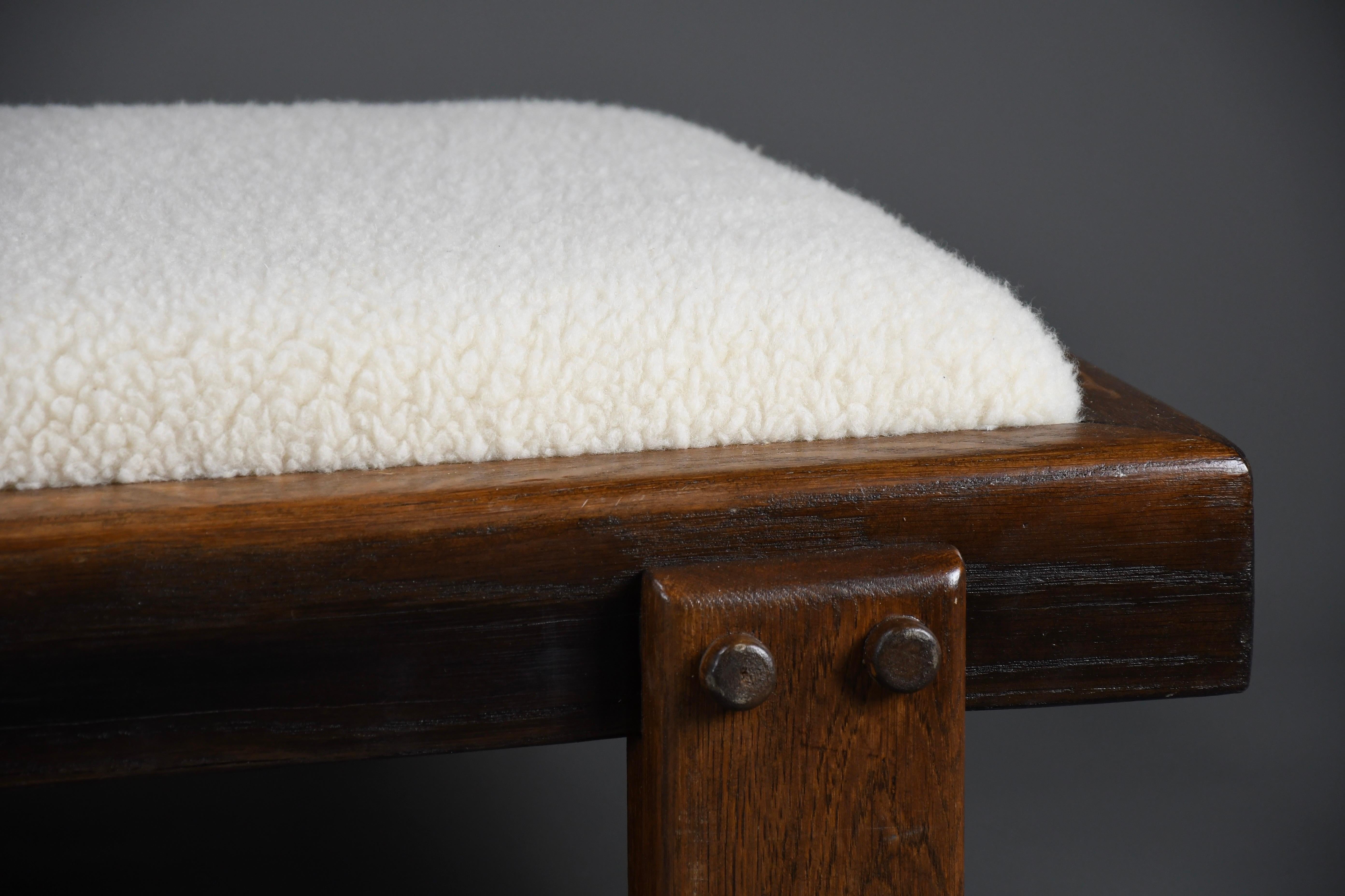 Mid-century Modern Oak and Wool Low Bench 3