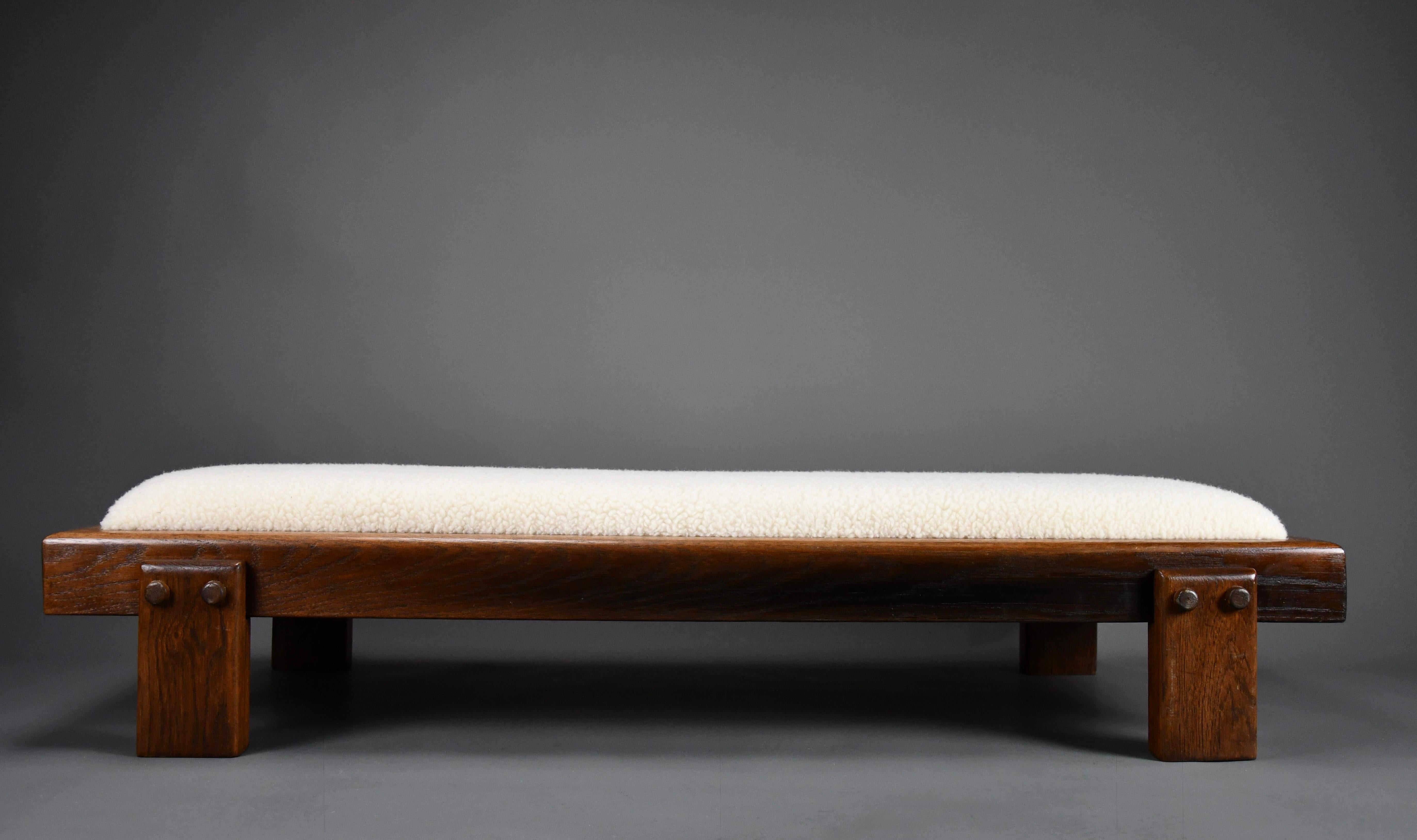 Mid-century Modern Oak and Wool Low Bench 5