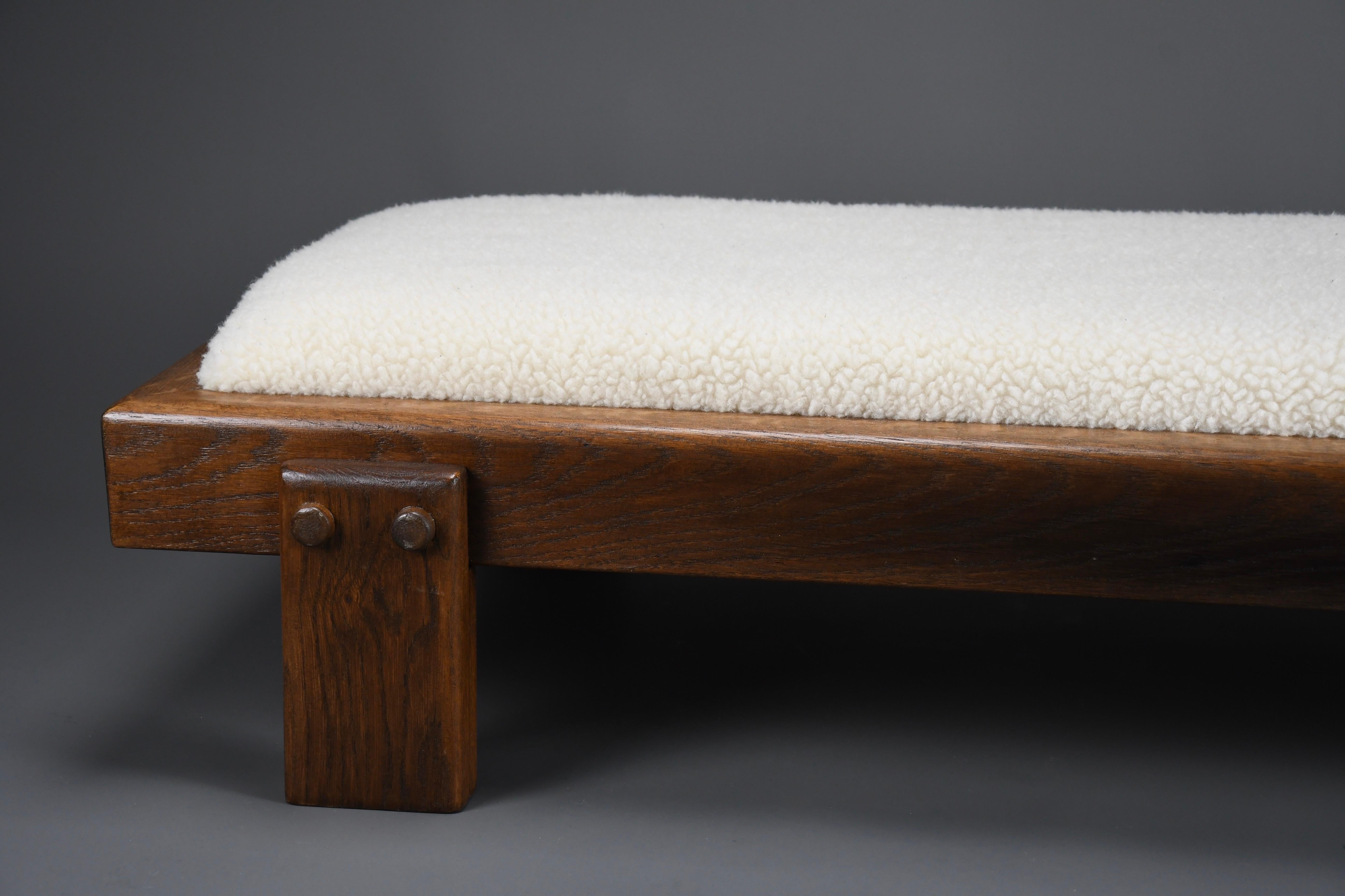 Sheepskin Mid-century Modern Oak and Wool Low Bench
