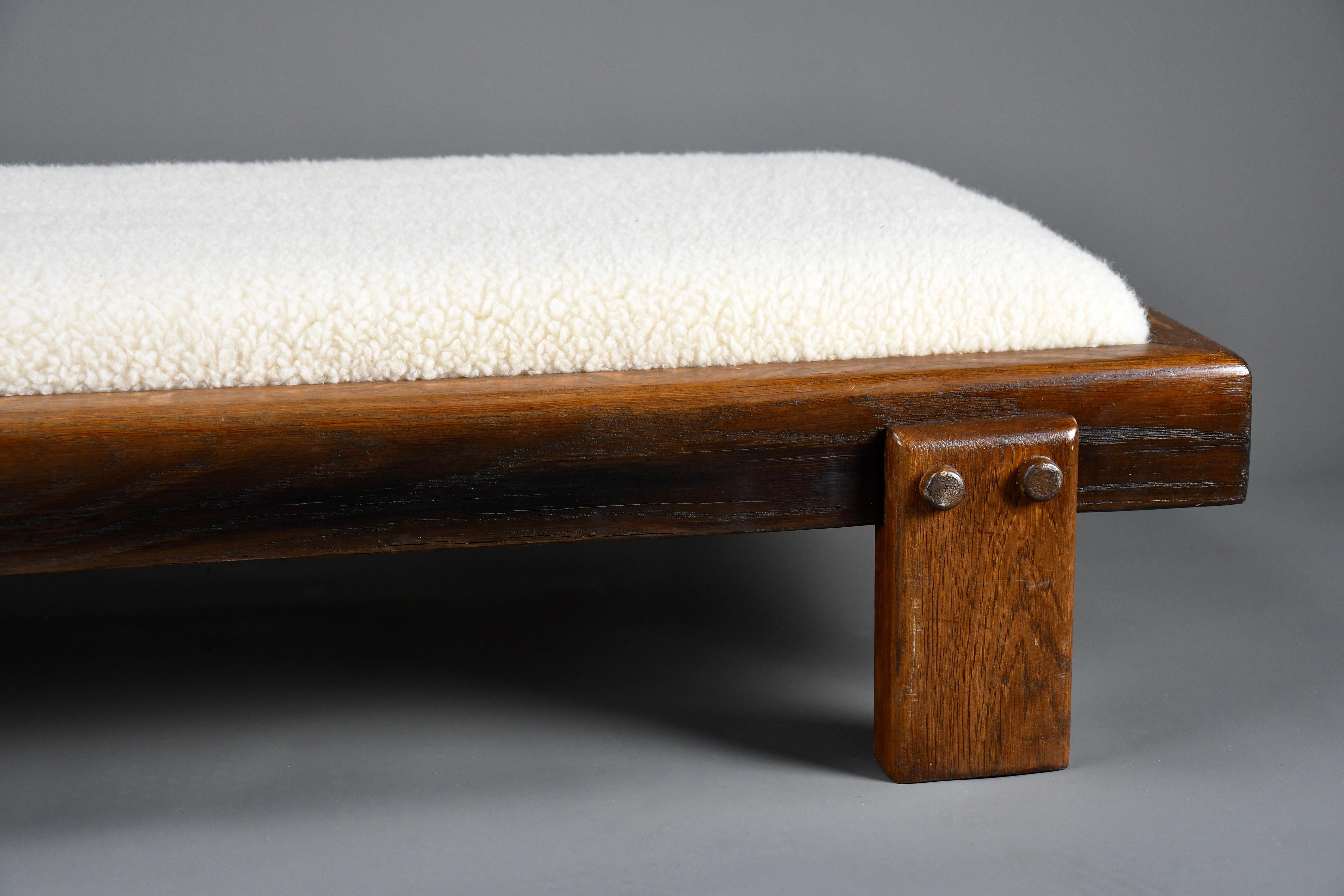 Mid-century Modern Oak and Wool Low Bench 1