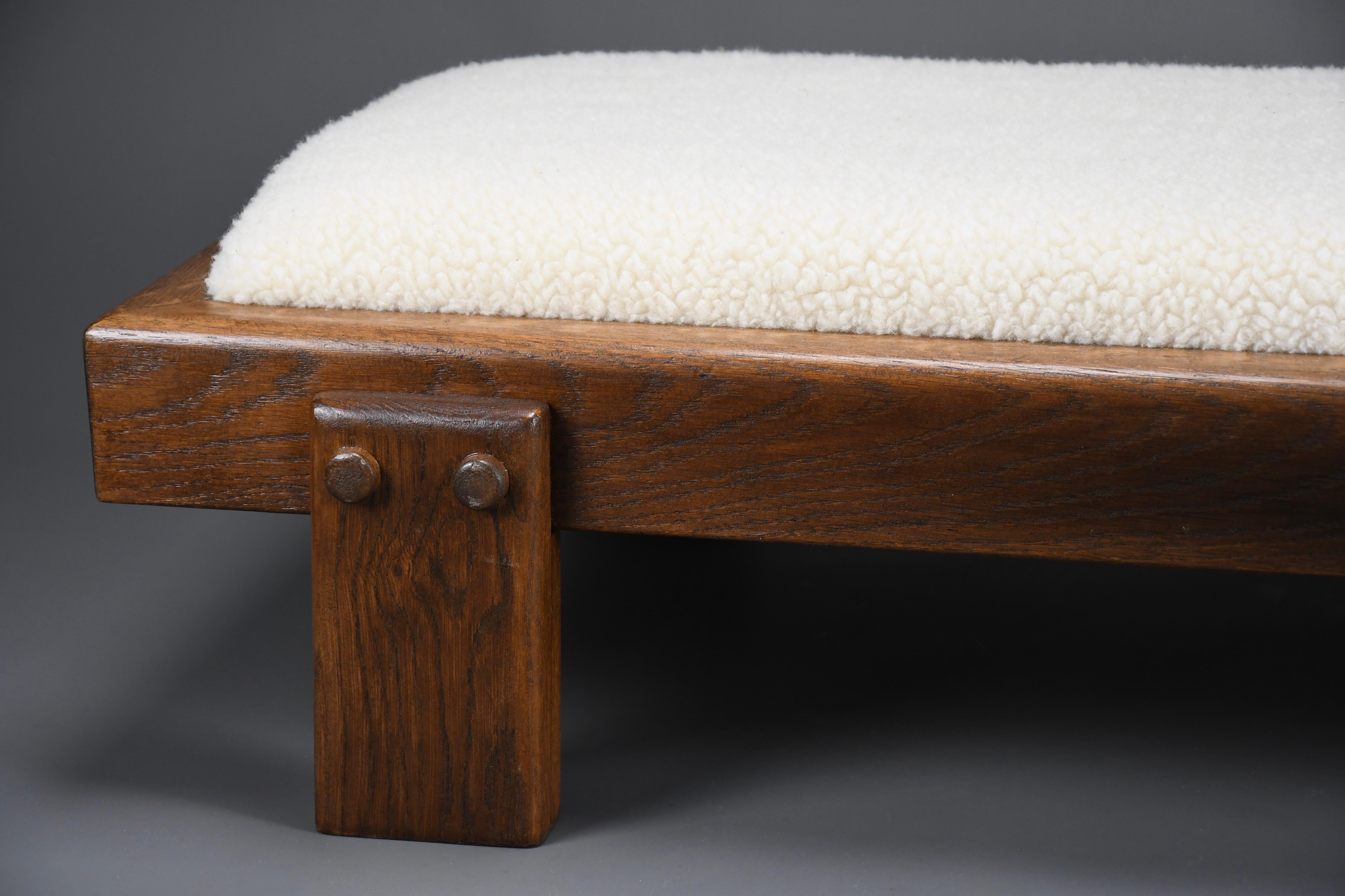 Mid-century Modern Oak and Wool Low Bench 2