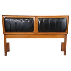 Mid Century Modern Oak & Black Vinyl Queen or Full Size Bed Headboard