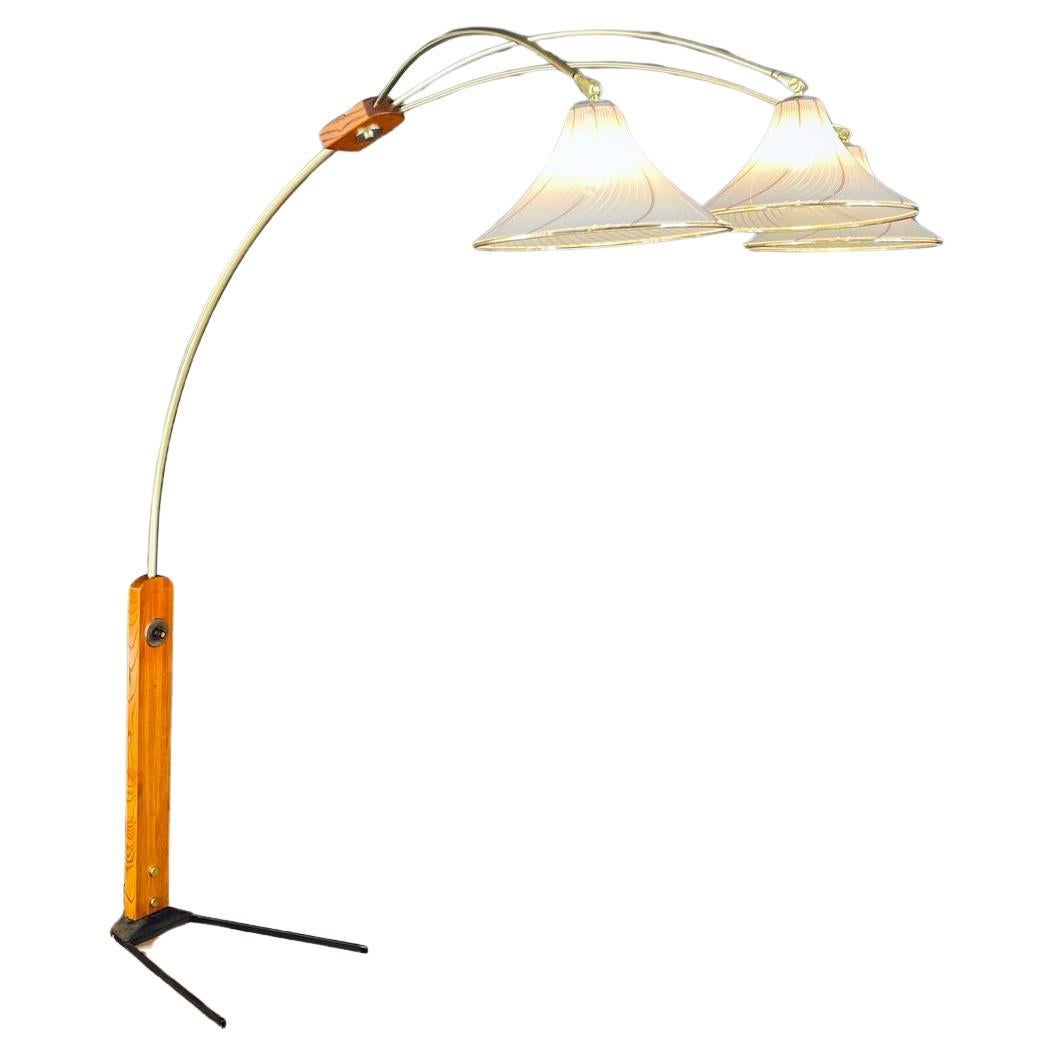 Mid-Century Modern Oak & Brass Arc Floor Lamp by Nova