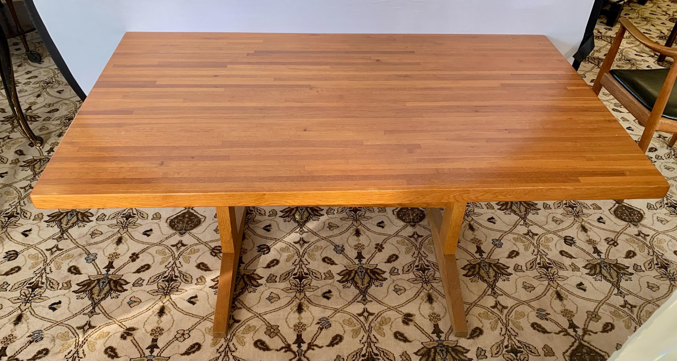 Mid-Century Modern Oak Butcher Block Trestle Table Writing Desk 1
