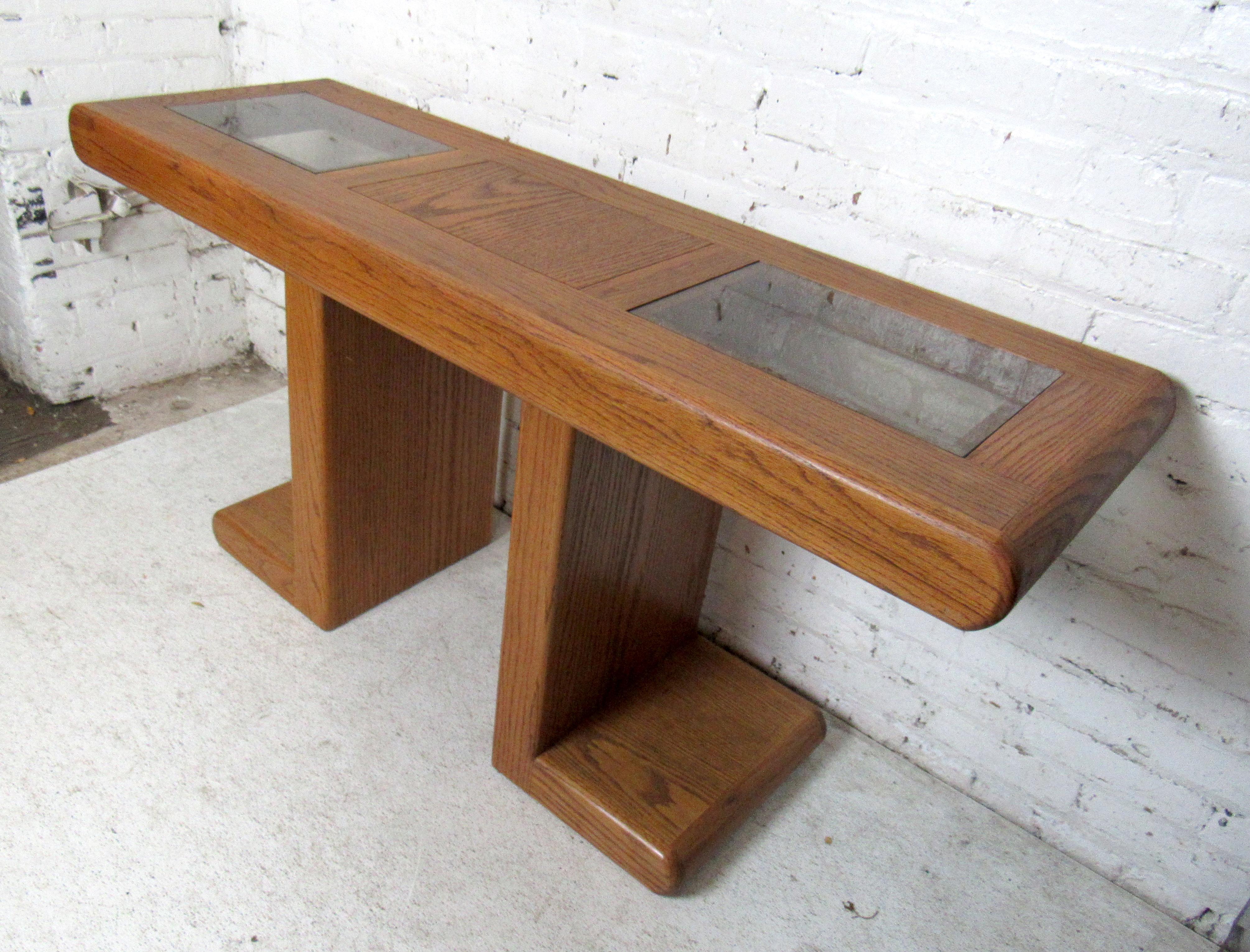 Vintage modern oak console featuring two glass top inserts.

Please confirm the item location with the dealer. (NJ/NY).
 