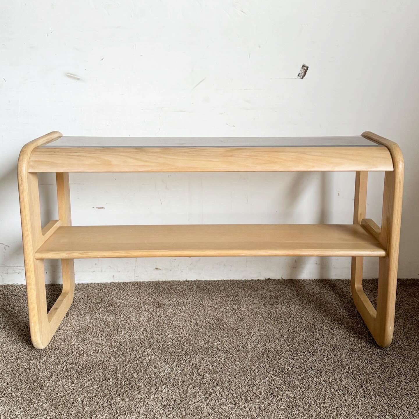 American Mid Century Modern Oak Console Table With Smoked Glass Top by Lou Hodges For Sale