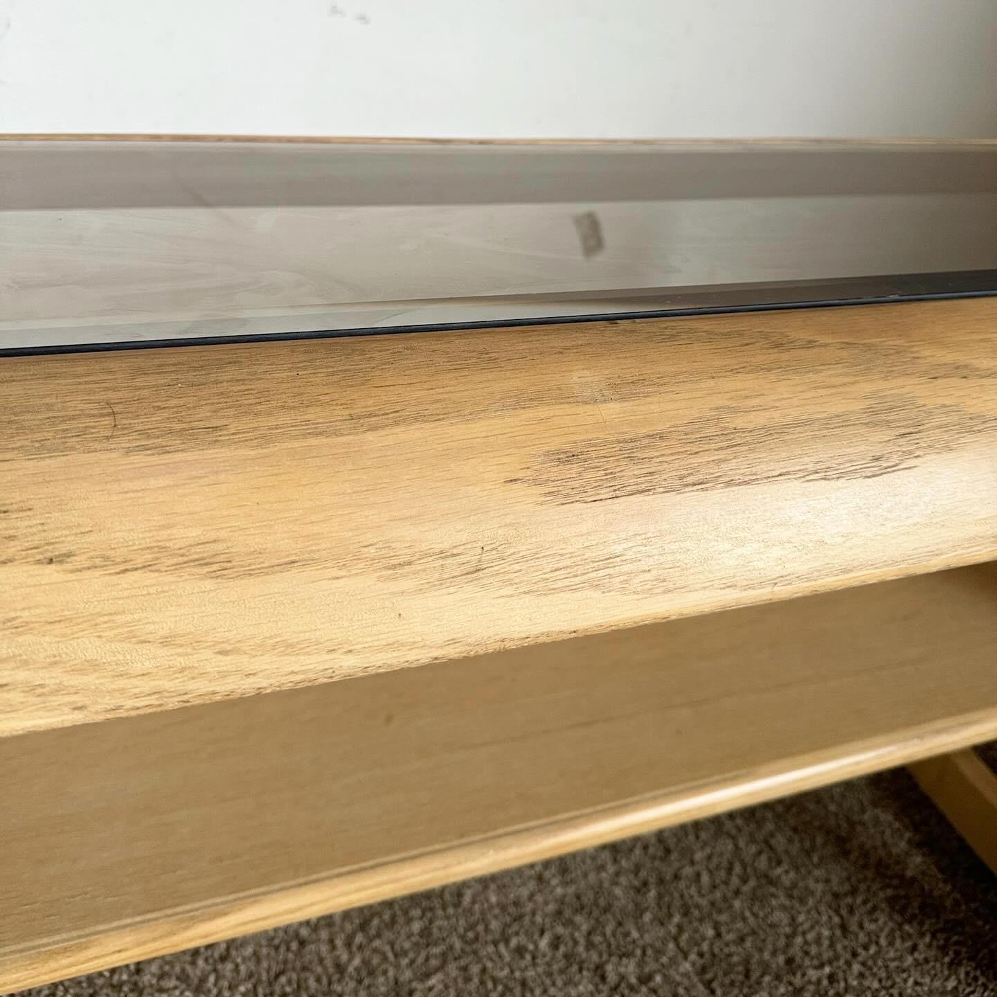 Mid Century Modern Oak Console Table With Smoked Glass Top by Lou Hodges For Sale 1