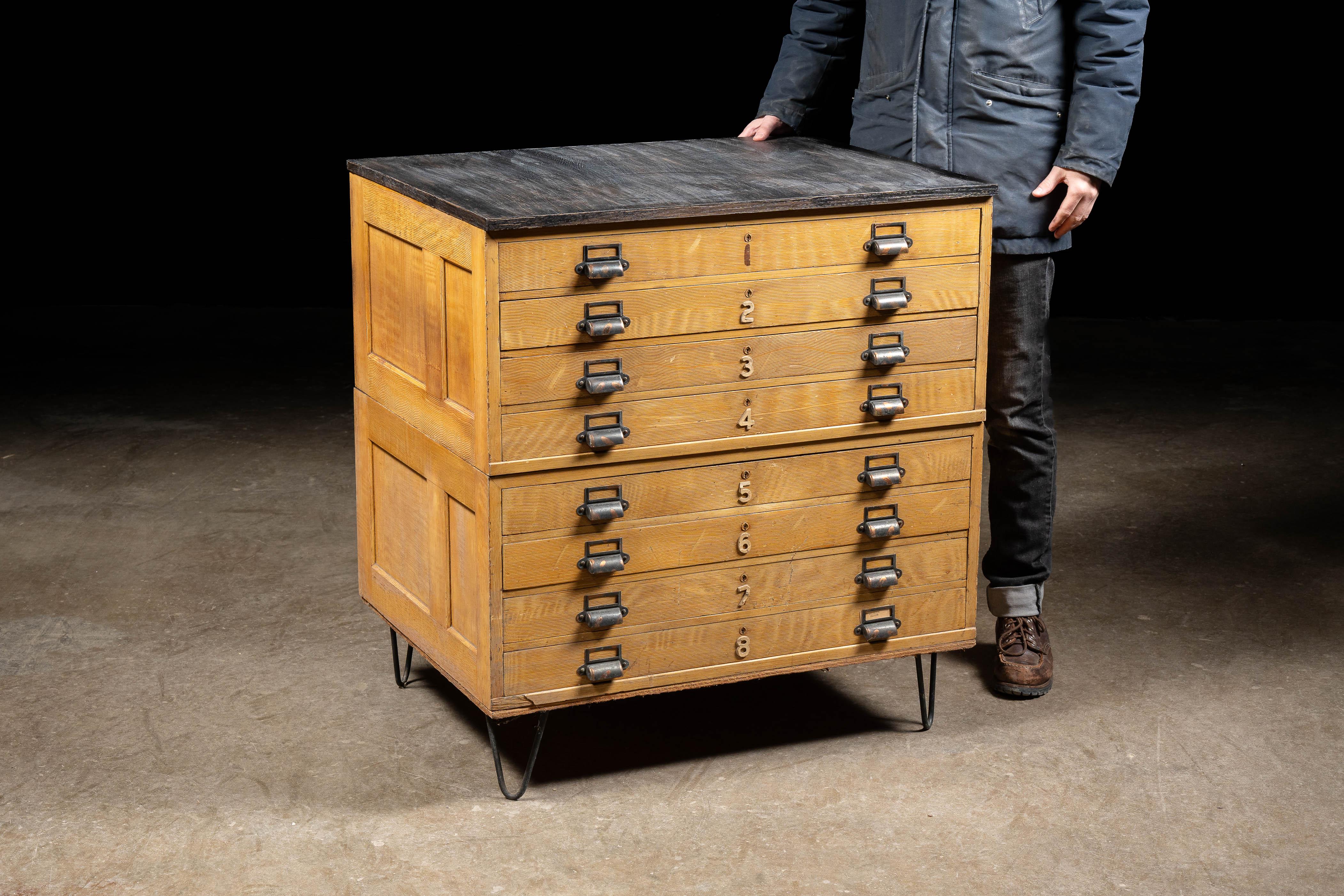 American Mid-Century Modern Oak Flat File Cabinet with Japanned Hardware For Sale