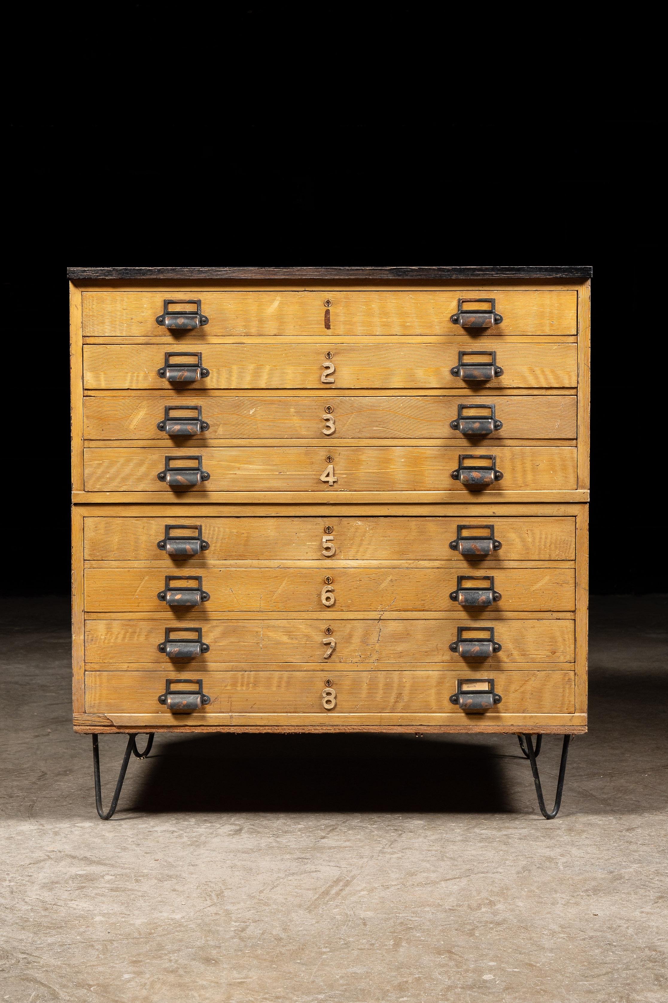 Mid-Century Modern Oak Flat File Cabinet with Japanned Hardware In Fair Condition For Sale In Dekalb, IL