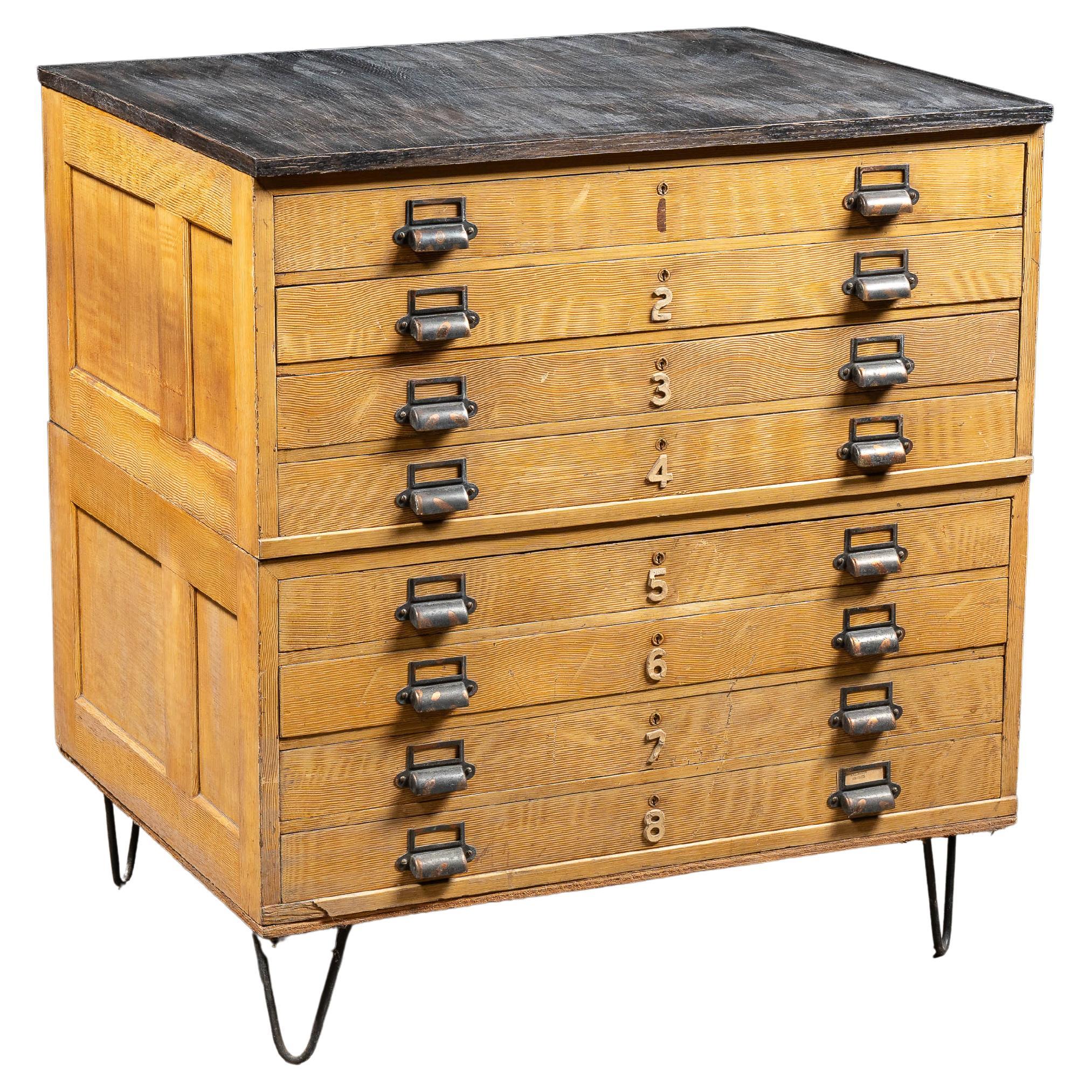 Mid-Century Modern Oak Flat File Cabinet with Japanned Hardware For Sale