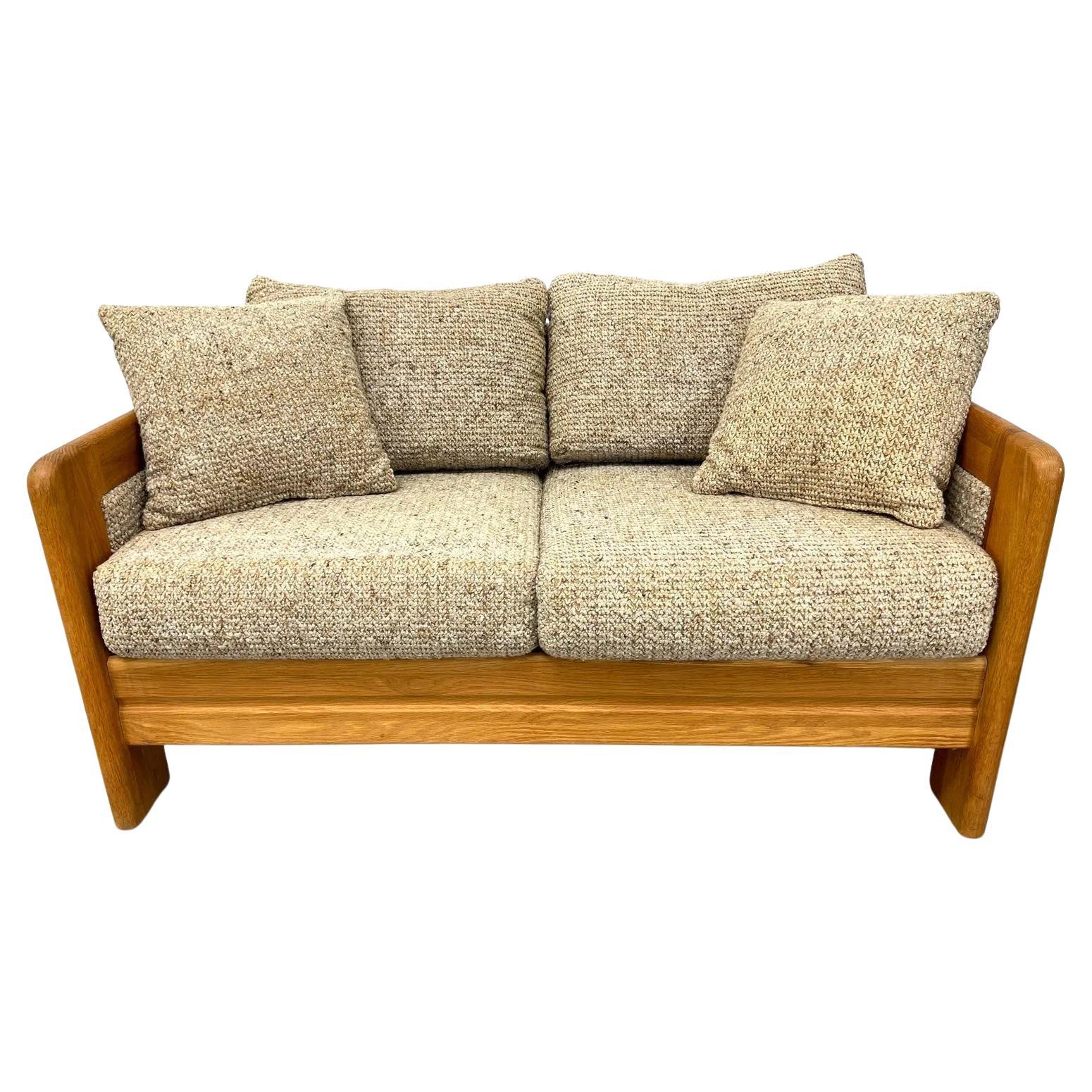 Mid-Century Modern Oak Loveseat Sofa with Textured Upholstery