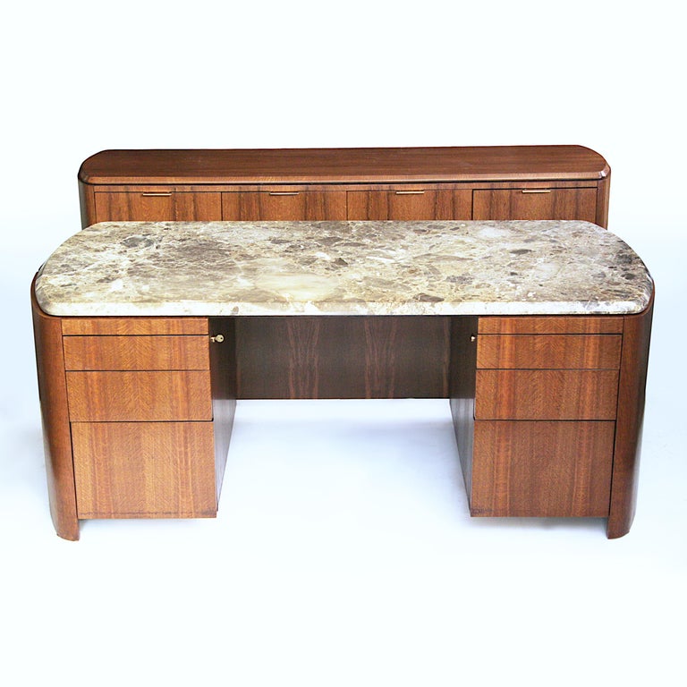 Mid Century Modern Oak And Marble, Desk And Credenza Set