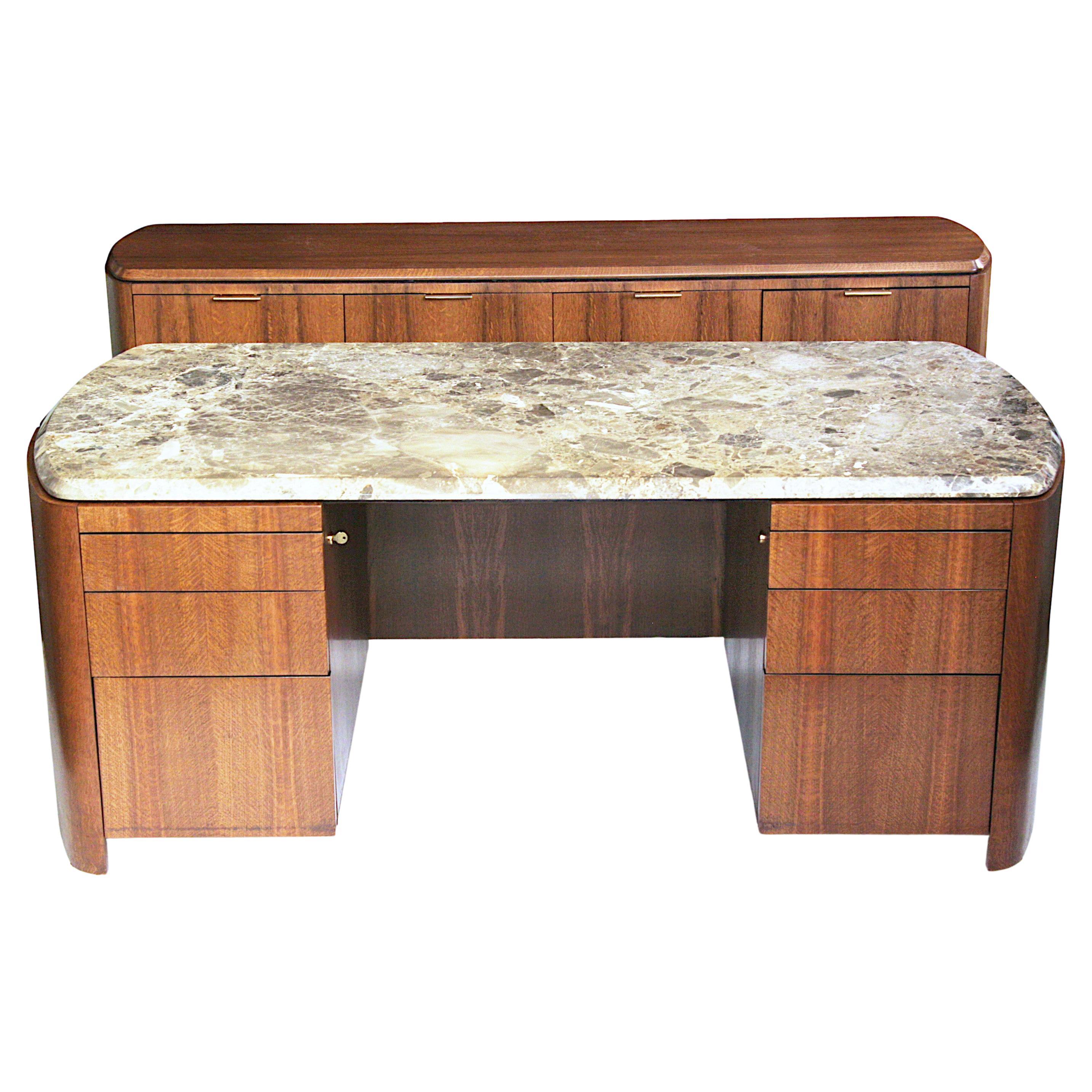 Mid Century Modern Oak & Marble Executive Desk & Credenza Office Set by Dunbar