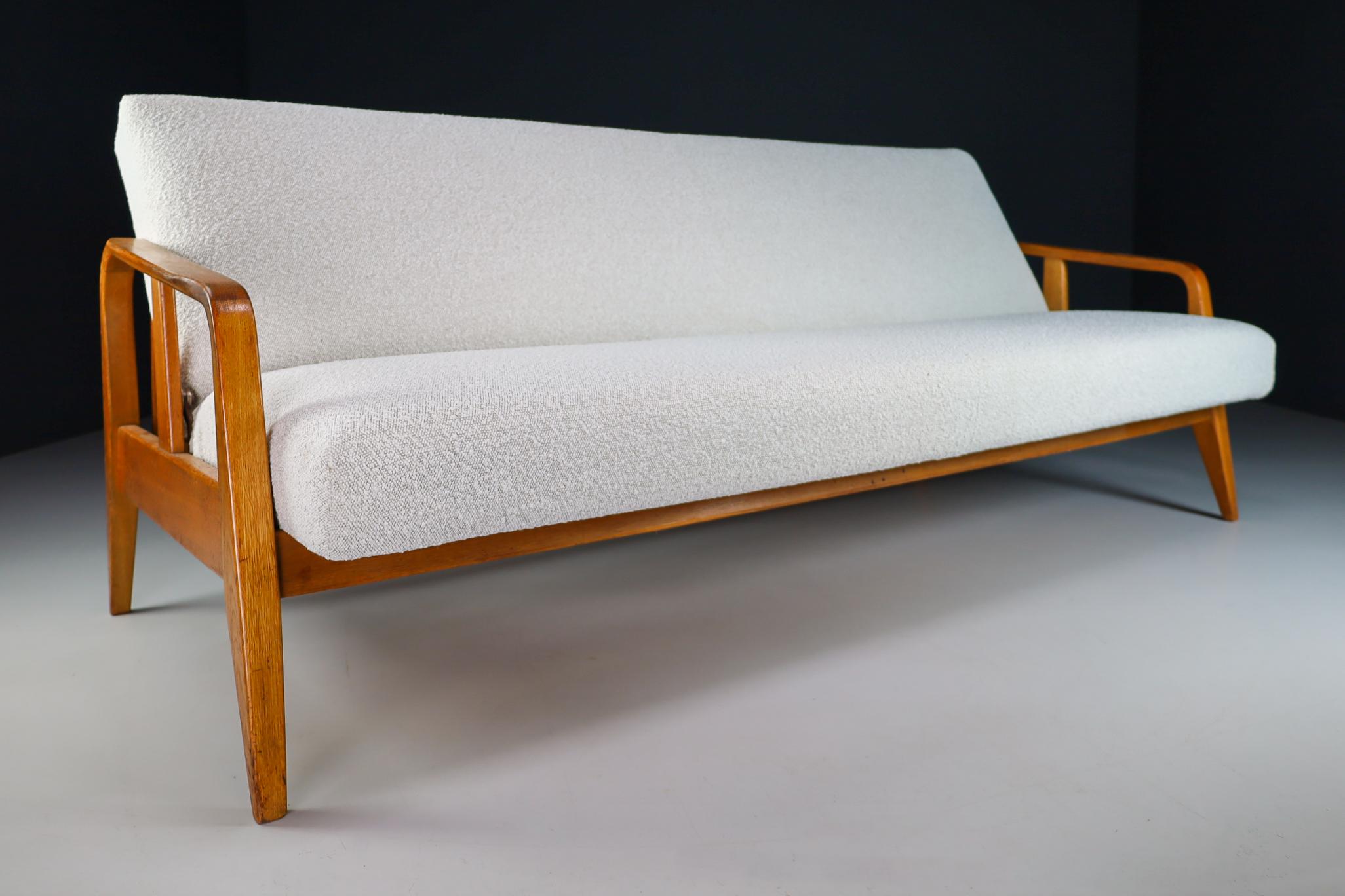 French Mid-Century Modern Oak Sofa /Daybed in New Boucle Upholstery Wool, France, 1950s