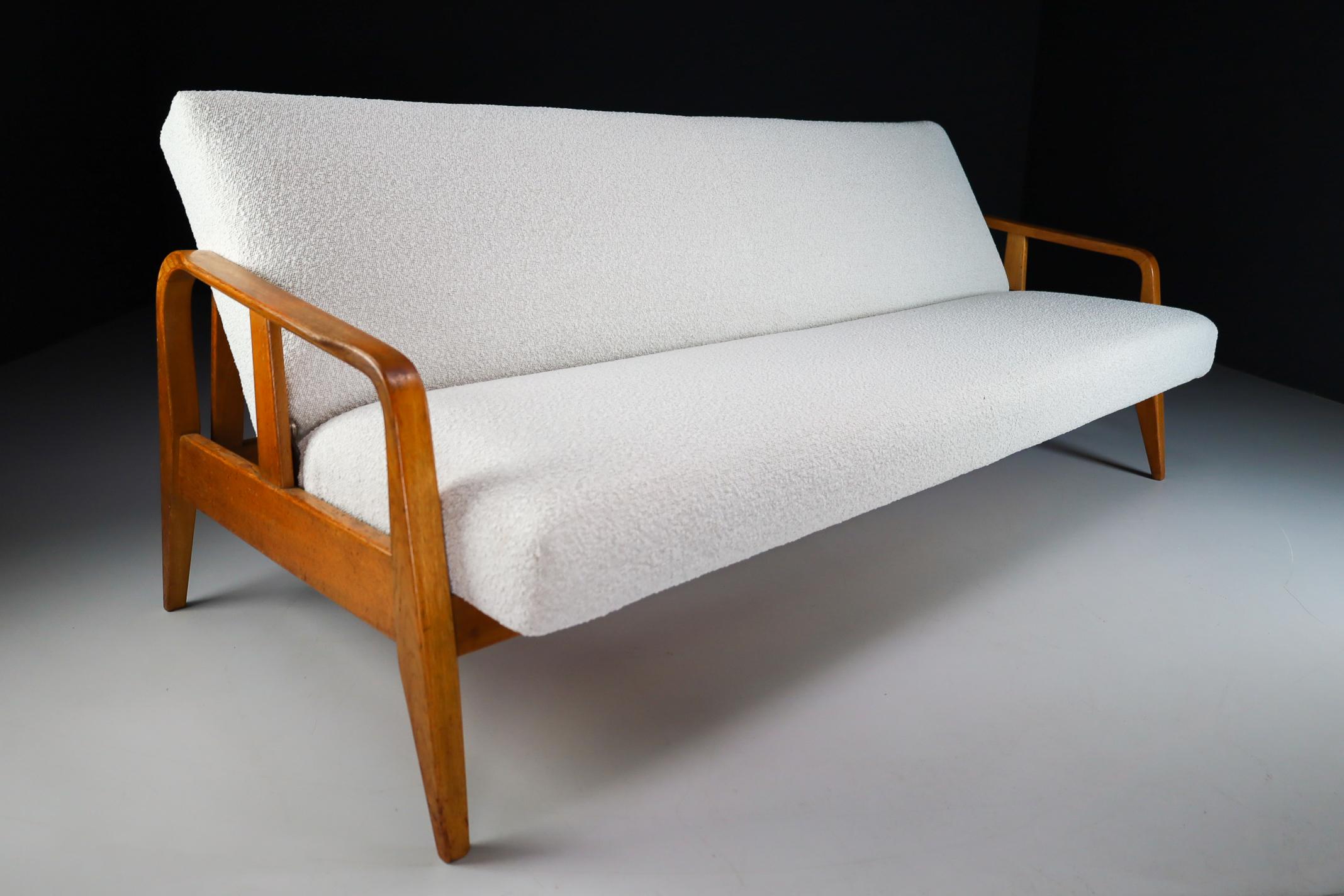 Mid-Century Modern Oak Sofa /Daybed in New Boucle Upholstery Wool, France, 1950s 3