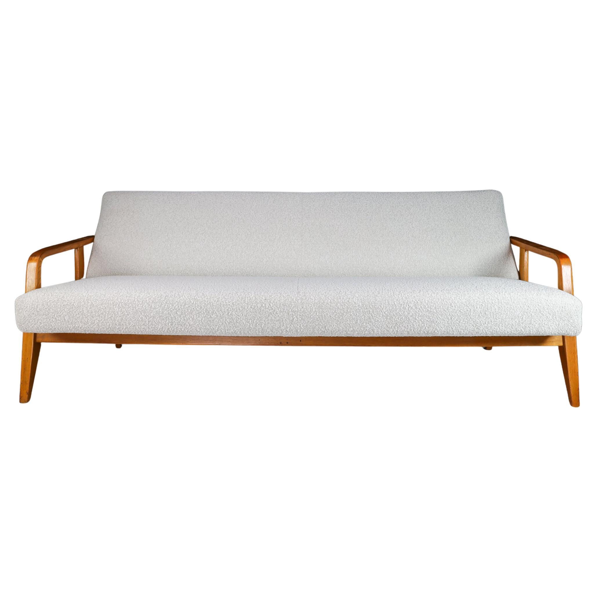 Mid-Century Modern Oak Sofa /Daybed in New Boucle Upholstery Wool, France, 1950s