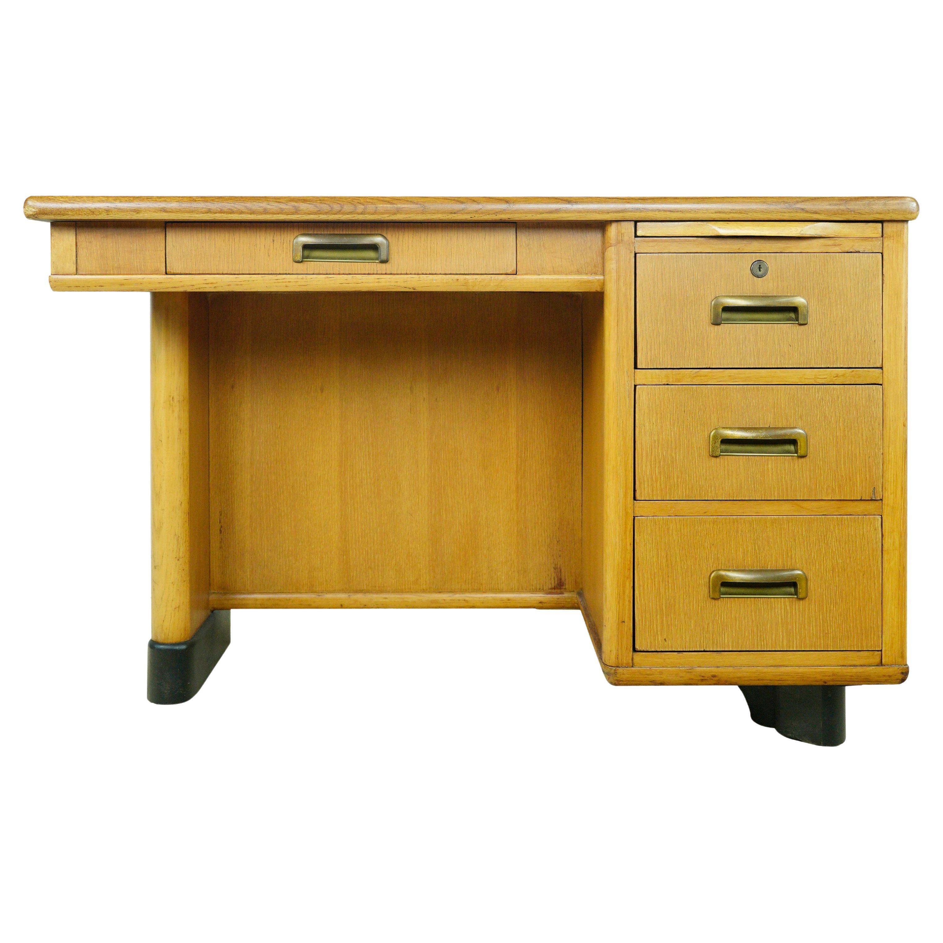 Mid-Century Modern Oak Storage Office Desk 4 Drawers 