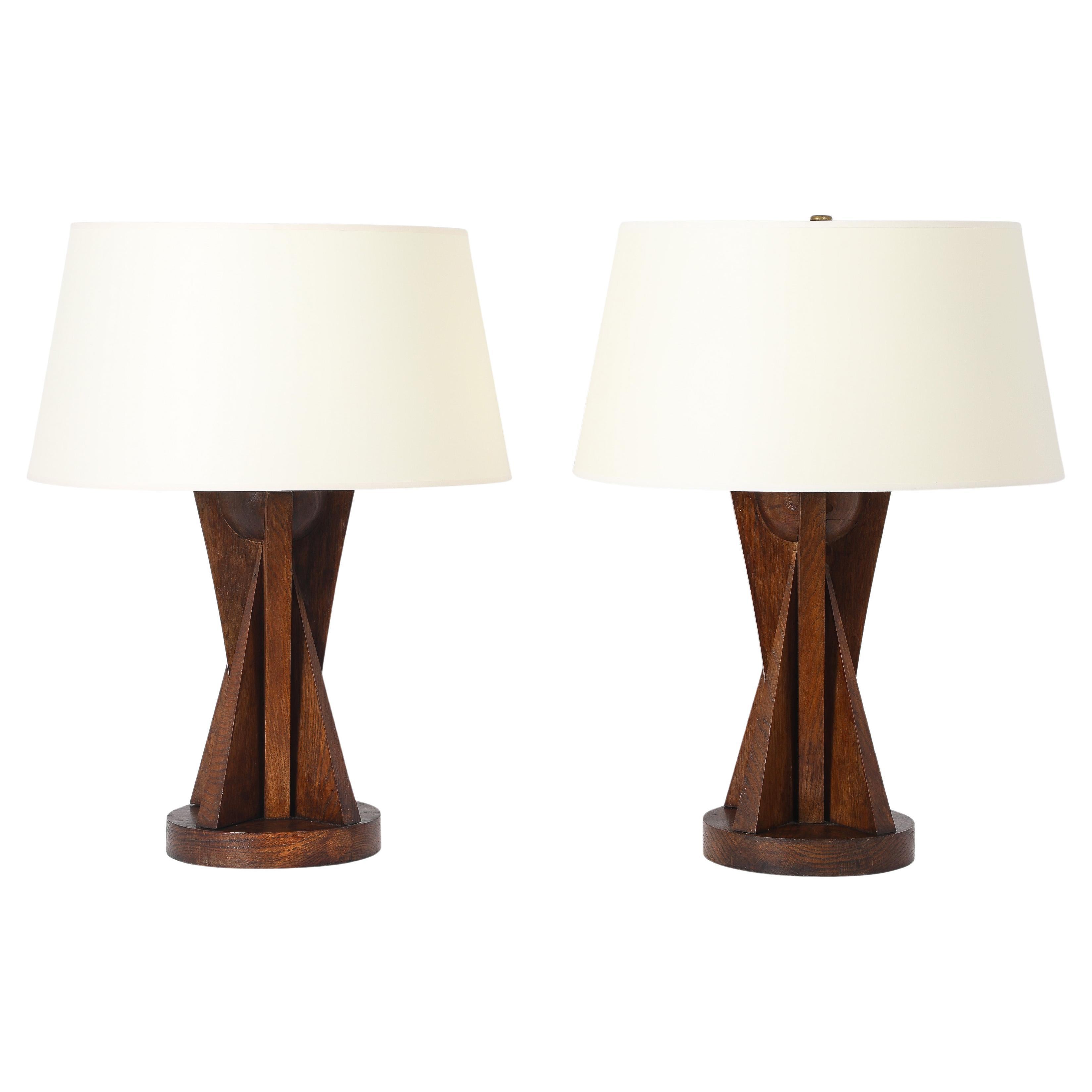Lampade da tavolo moderne di metà secolo in Oak, Francia, anni '50 Triangolo invertito