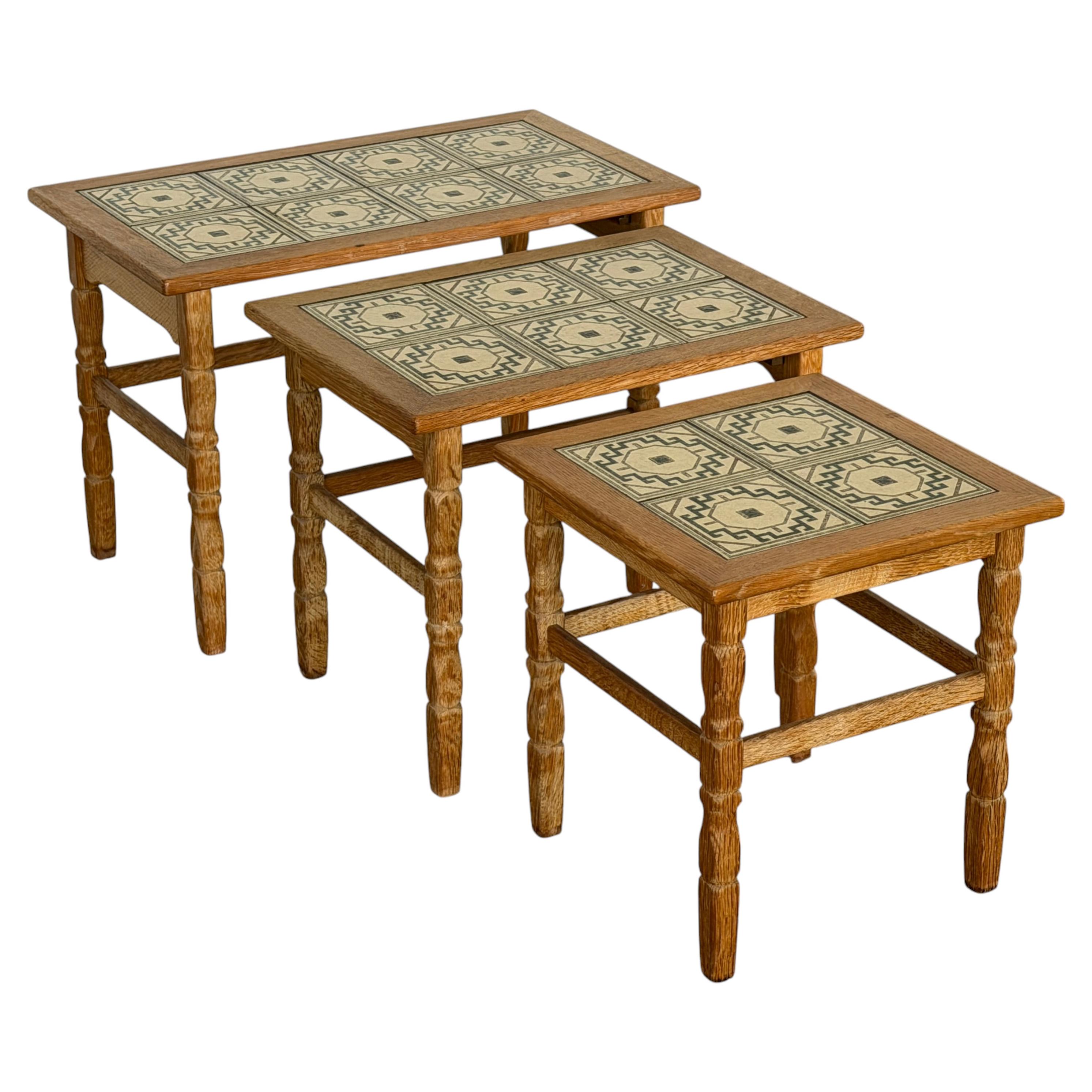 Mid-Century Modern, Oak Tile-Top Nesting Tables, Kjærnulf, Denmark, 1960s