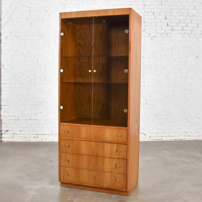 MidCentury Modern Oak Veneer Display Smoked Glass Doors and