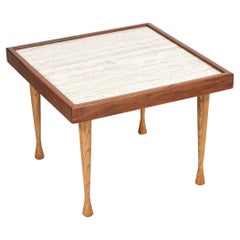 Retro Mid-Century Modern Oak & Walnut Side Table with Travertine Stone