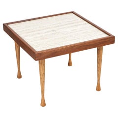 Mid-Century Modern Oak & Walnut Side Table with Travertine Stone