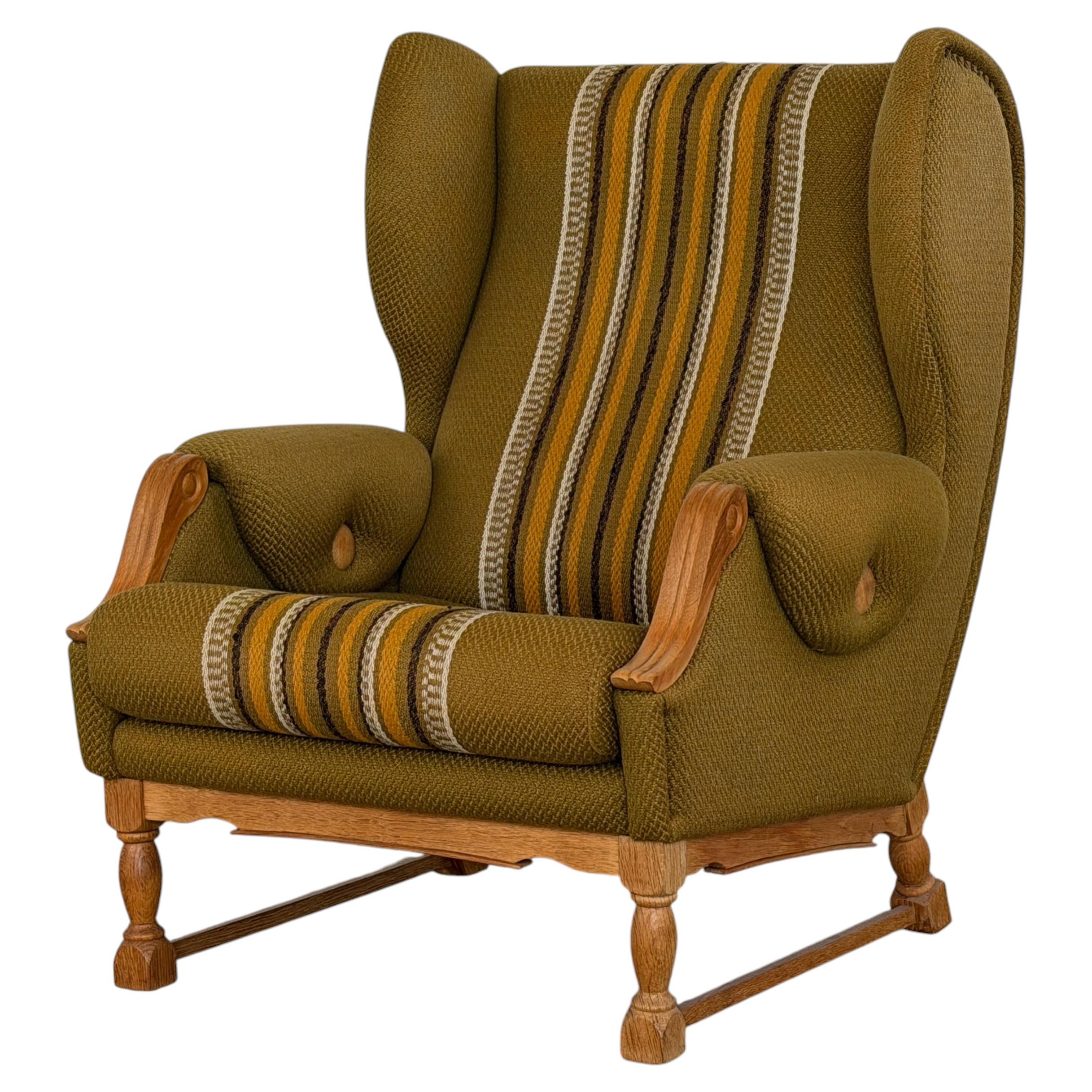 Mid Century Modern, Oak Wingback Lounge Chair in Olive Wool, 1960s