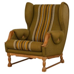 Mid Century Modern, Oak Wingback Lounge Chair in Olive Wool, 1960s