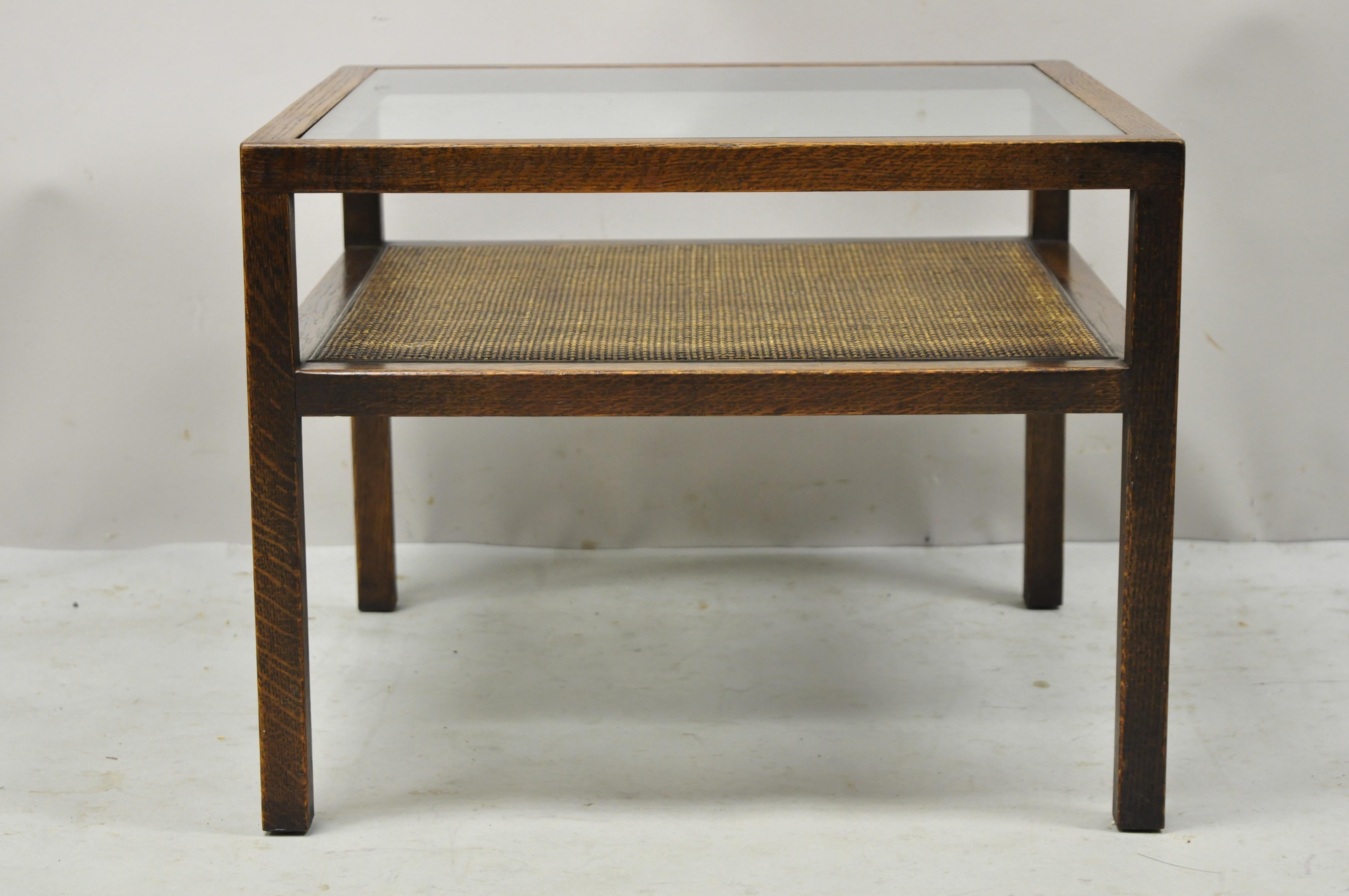 Mid-Century Modern Oak Wood and Cane 2 Tier Glass Top Side Table Dunbar Style For Sale 3