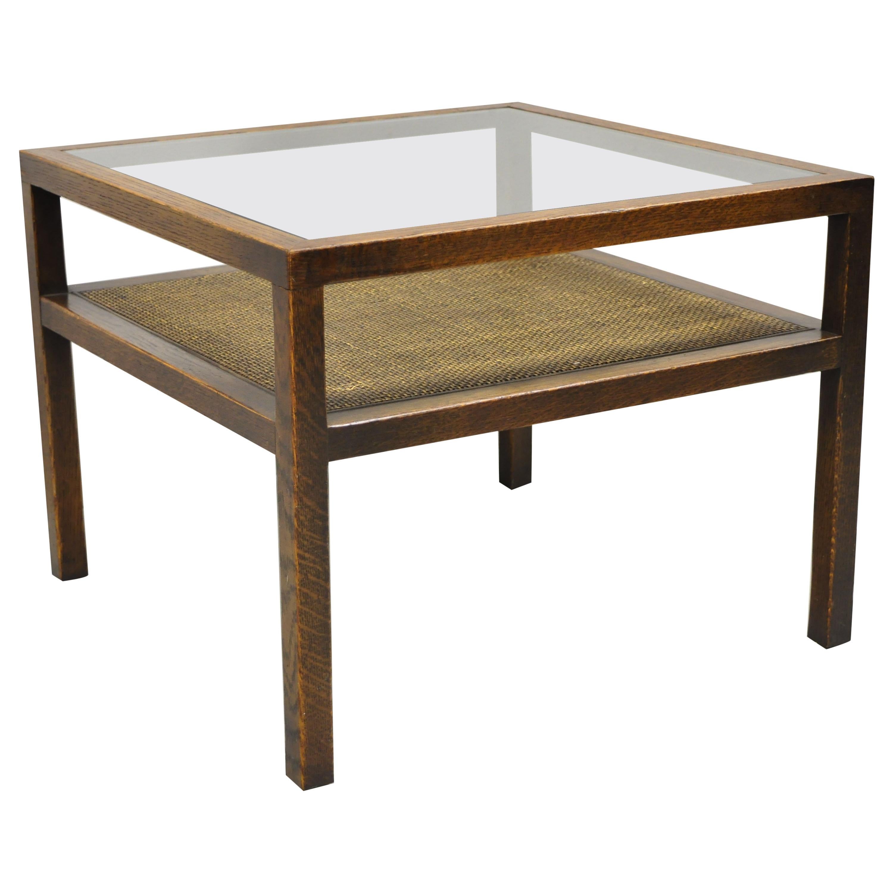 Mid-Century Modern Oak Wood and Cane 2 Tier Glass Top Side Table Dunbar Style For Sale
