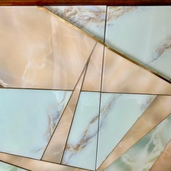 Mid-Century Modern Oak Wood, Brass, Mirror & Murano Art Glass Dry Bar Cabinet