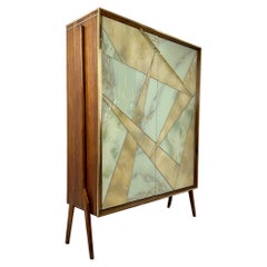 Mid-Century Modern Oak Wood, Brass, Mirror 
Murano Art Glass Dry Bar Cabinet