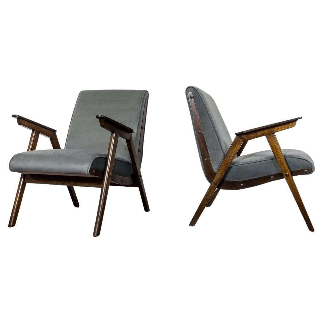 Mid-Century Modern Oak Wood Grey Armchairs, 1960s