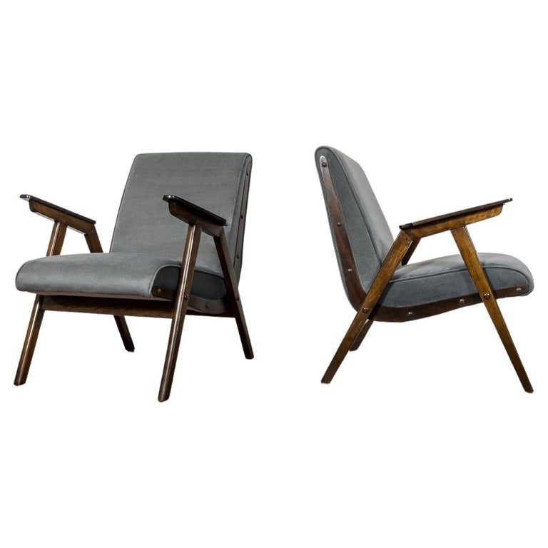 MidCentury Modern Oak Wood Grey Armchairs, 1960s For Sale at 1stDibs