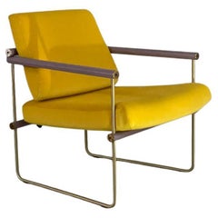 Mid-Century Modern Oakwood and Matt Brass Yellow Armchair