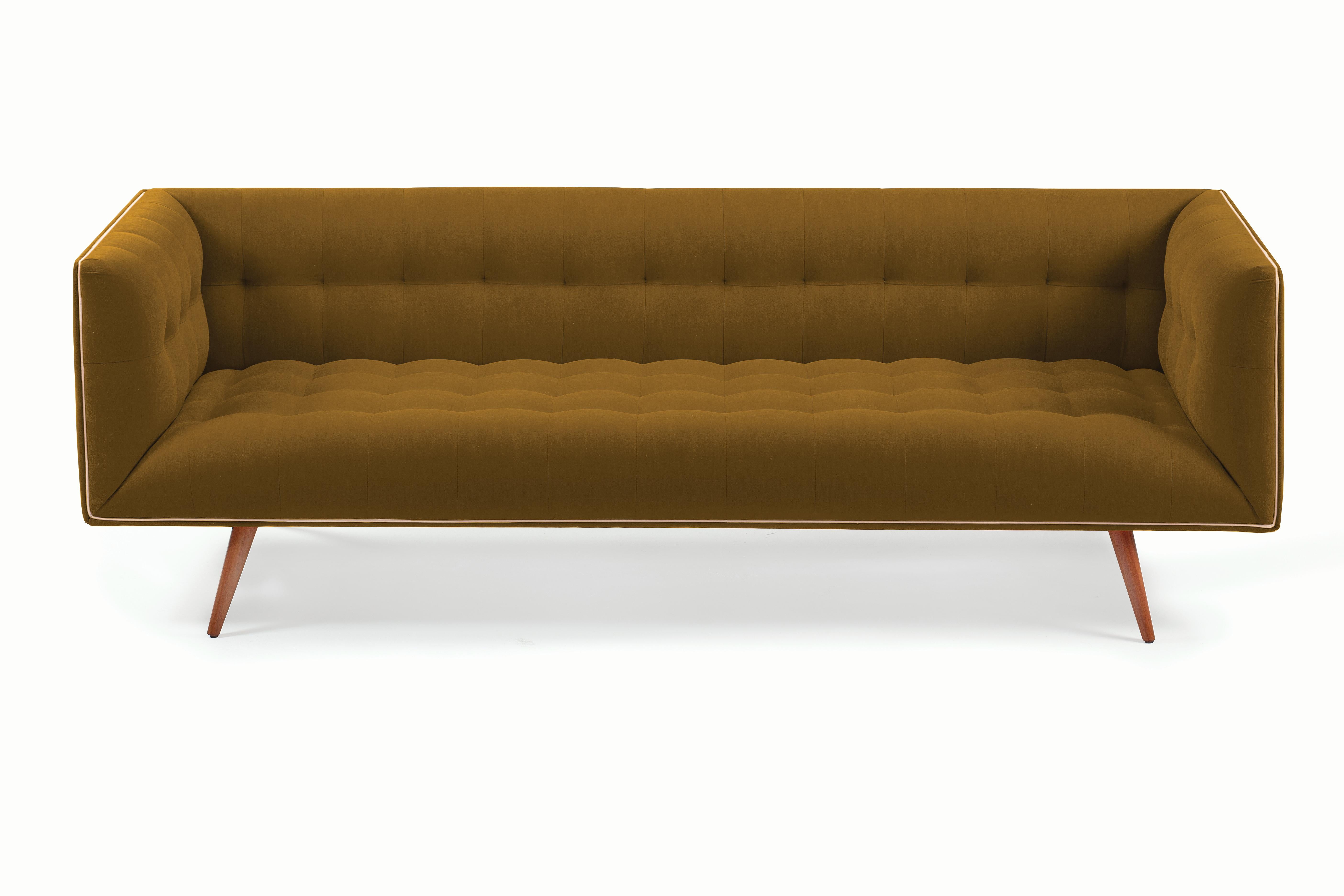 Mid-Century Modern Ochre Velvet Dust Sofa 4-Seat with Wooden Feet For Sale 1