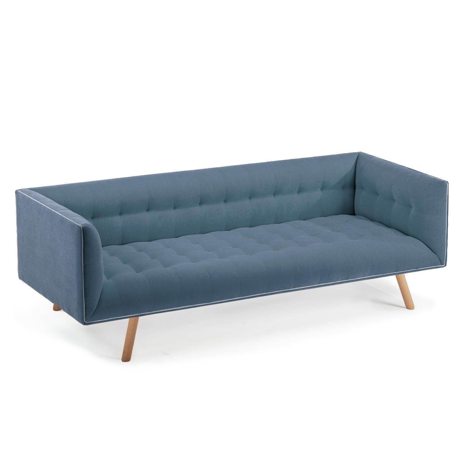 Mid-Century Modern Ochre Velvet Dust Sofa 4-Seat with Wooden Feet For Sale 2