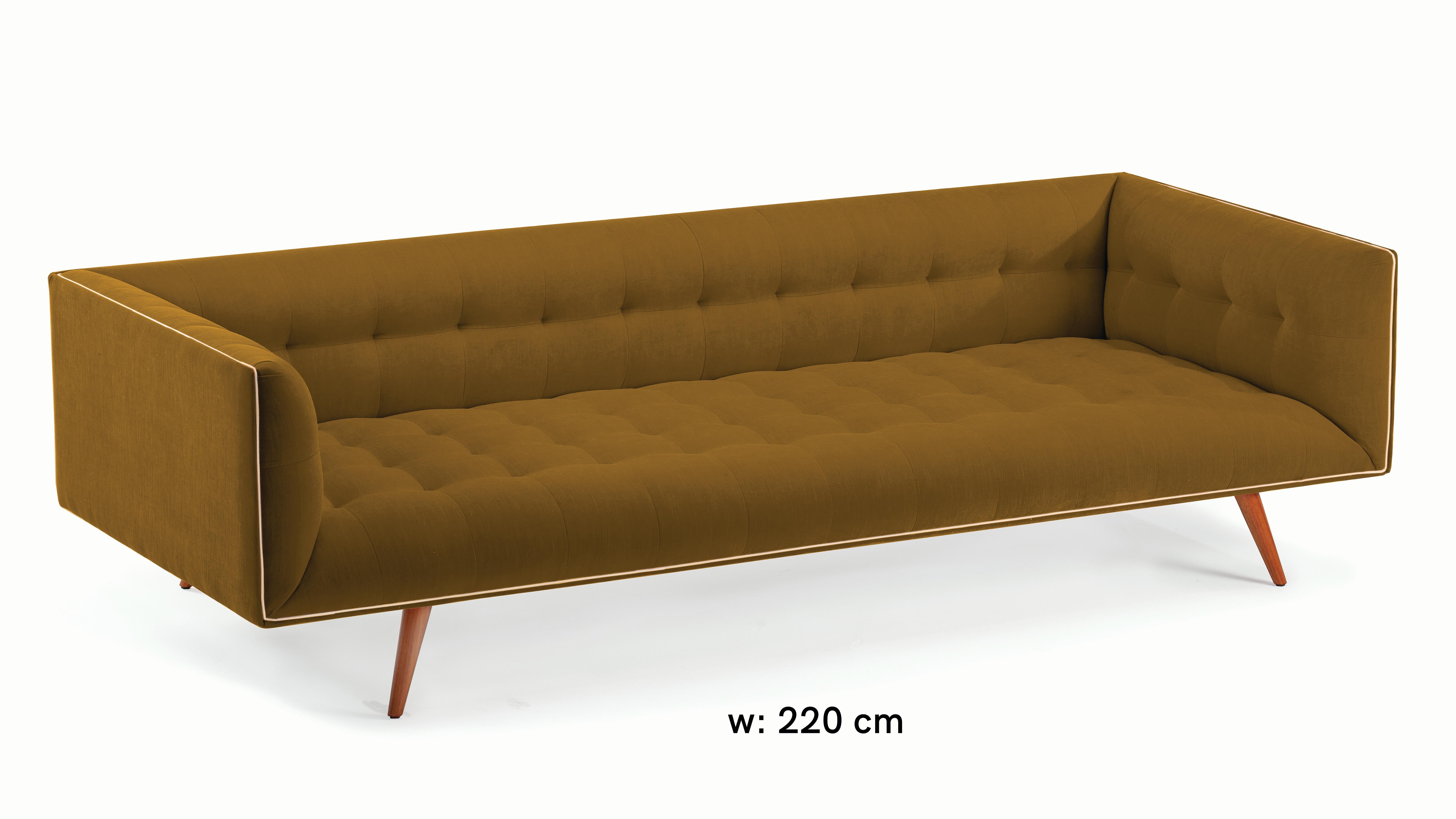 Contemporary Mid-Century Modern Ochre Velvet Dust Sofa 4-Seat with Wooden Feet For Sale