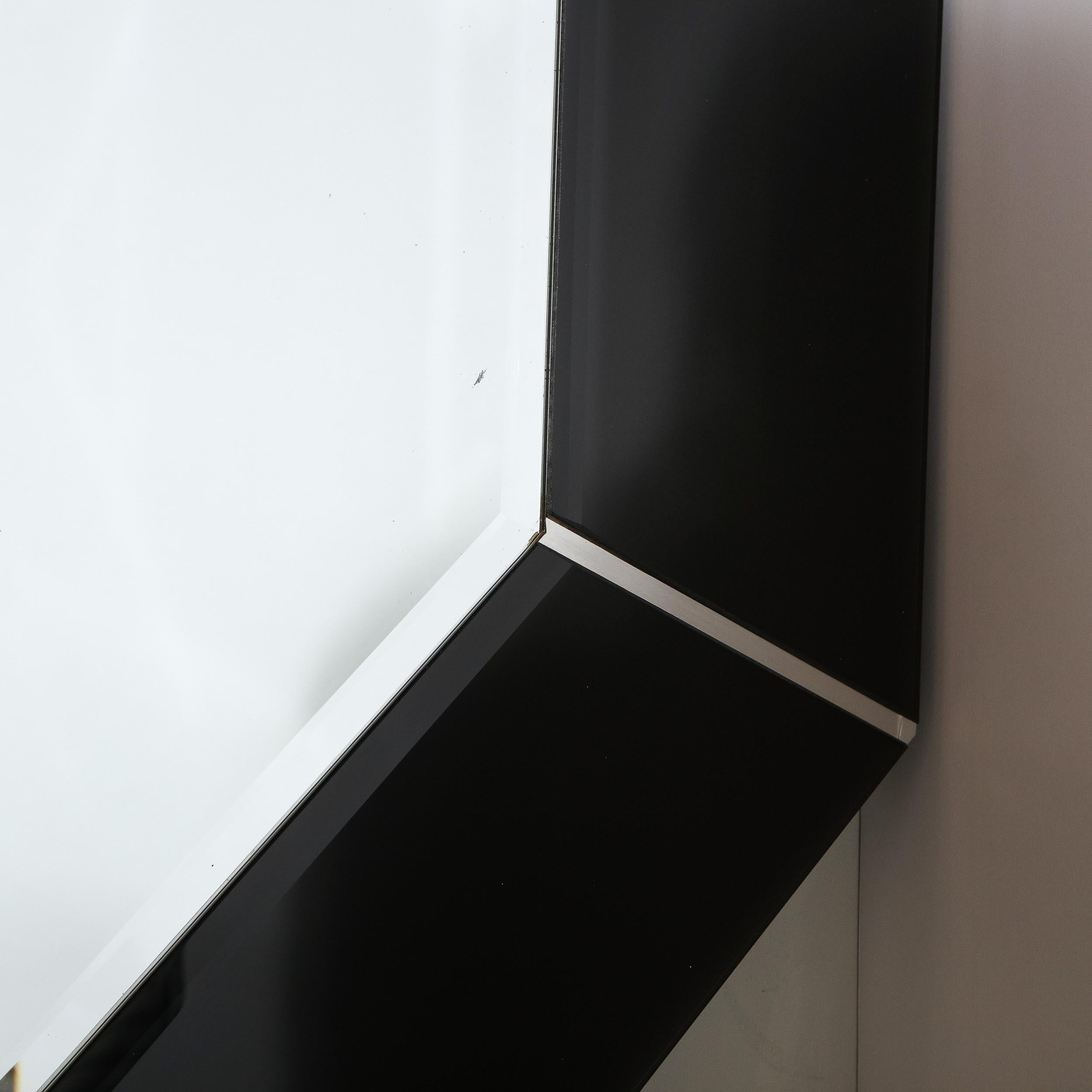 American Mid-Century Modern Octagonal Beveled Smoked Mirror with Brushed Aluminum Inserts