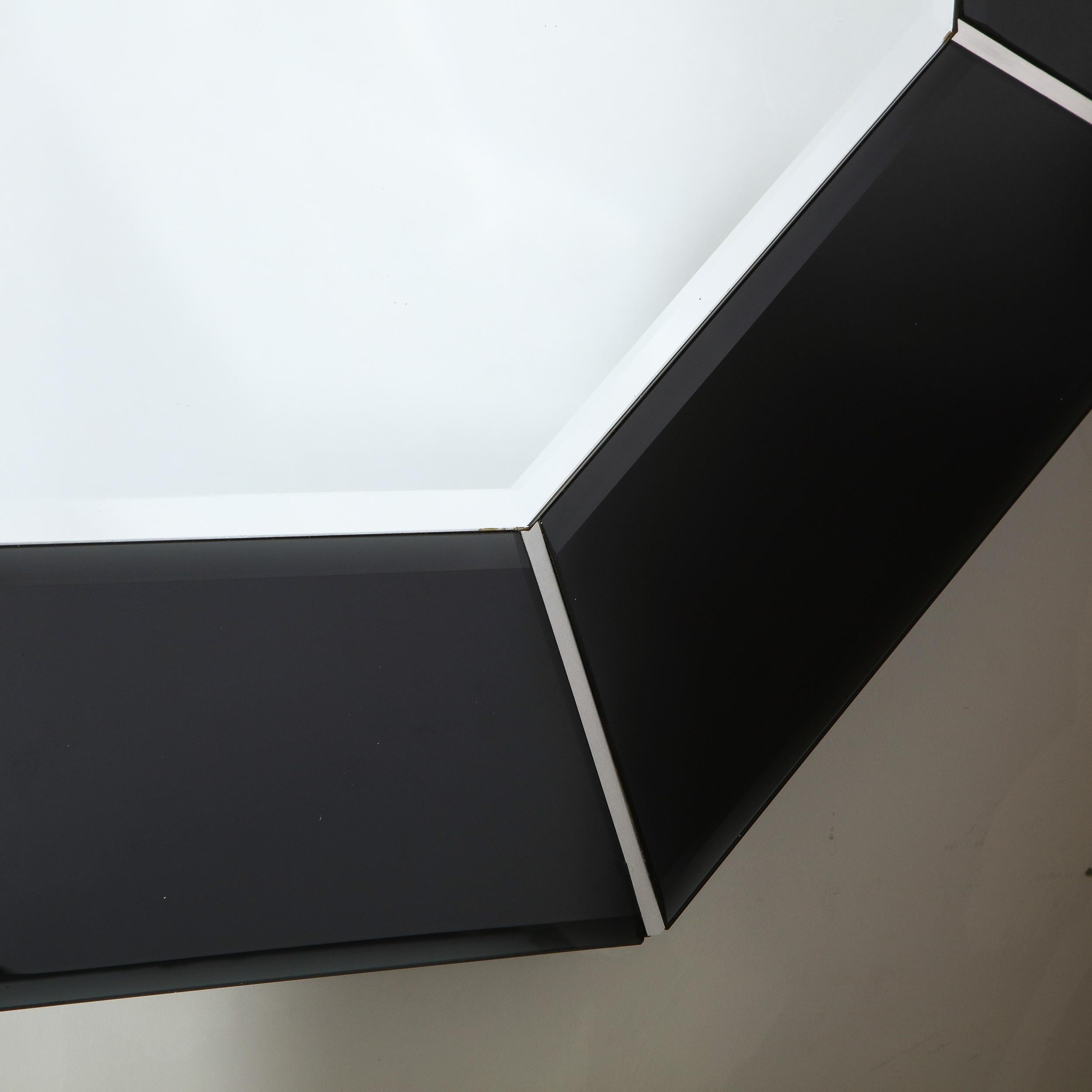 Mid-Century Modern Octagonal Beveled Smoked Mirror with Brushed Aluminum Inserts In Good Condition In New York, NY