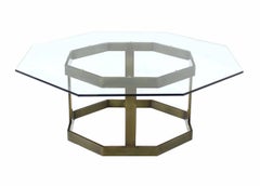 Mid Century Modern Octagonal Brass Base Glass Top Round Coffee Center Table MINT