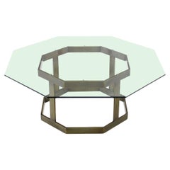 Table basse ronde octogonale moderne du milieu du siècle dernier avec base en laiton et plateau en verre MINT