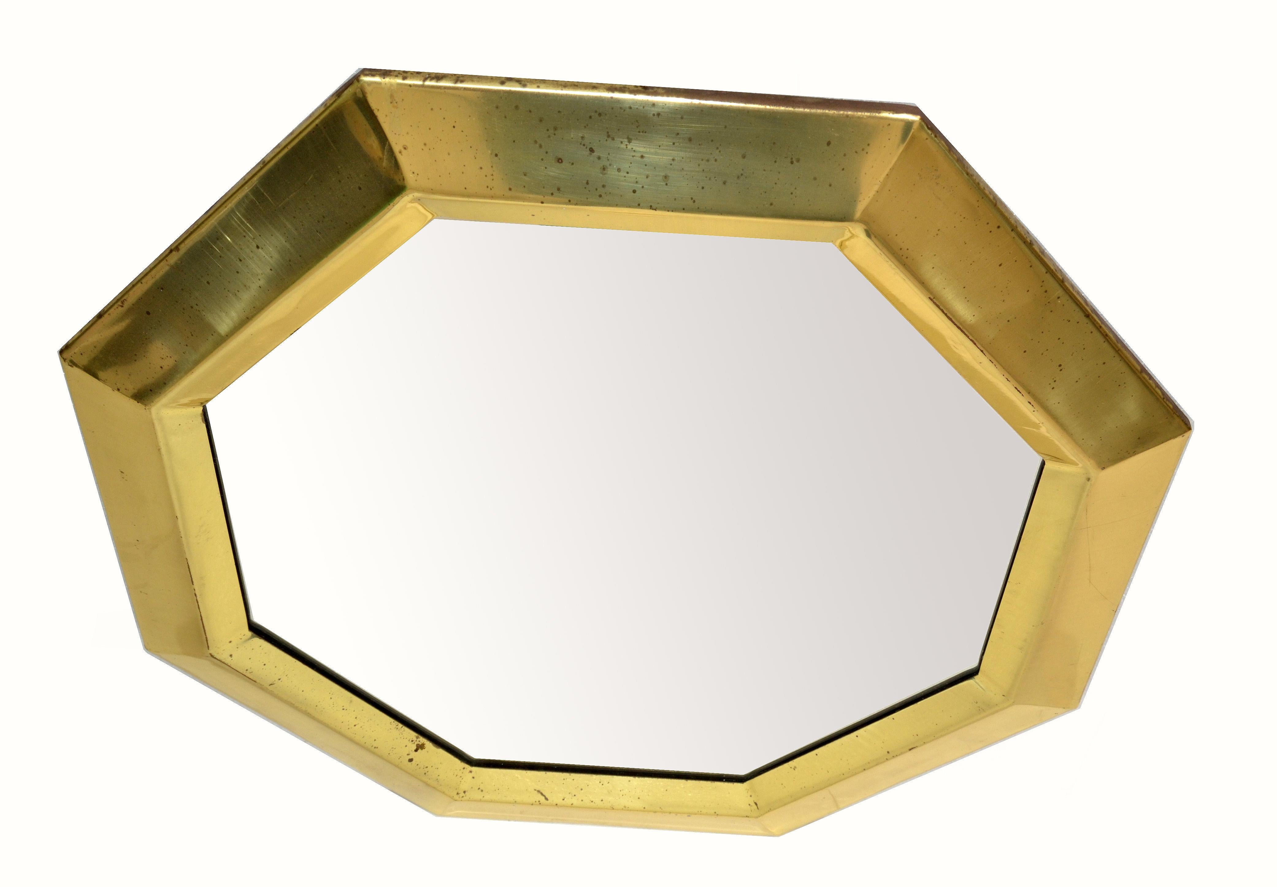 Late 20th Century Mid-Century Modern Octagonal Brass Wall Mirror, Italy, 1970