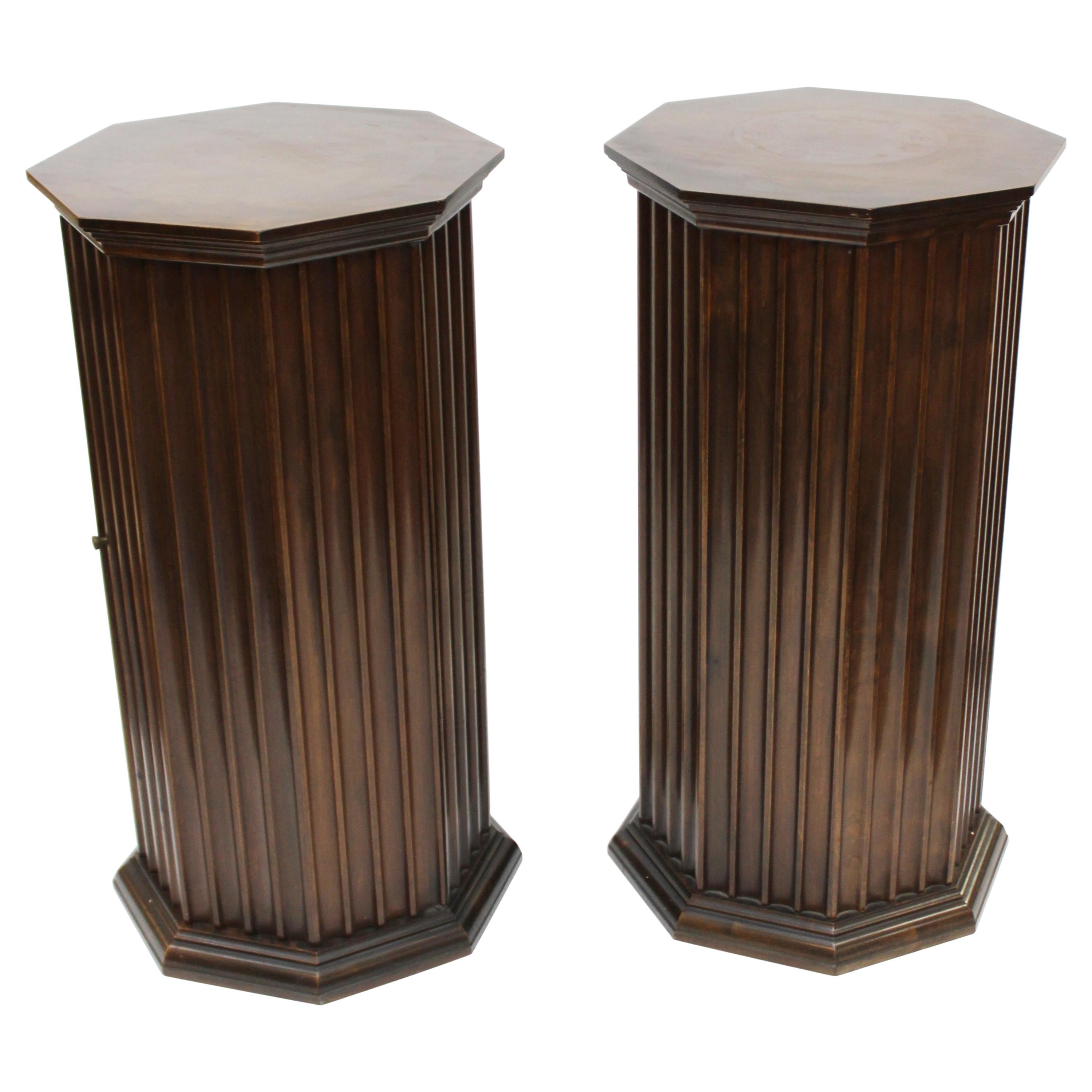 Mid-Century Modern Octagonal Fluted Mahogany Pedestals with Doors and Shelves