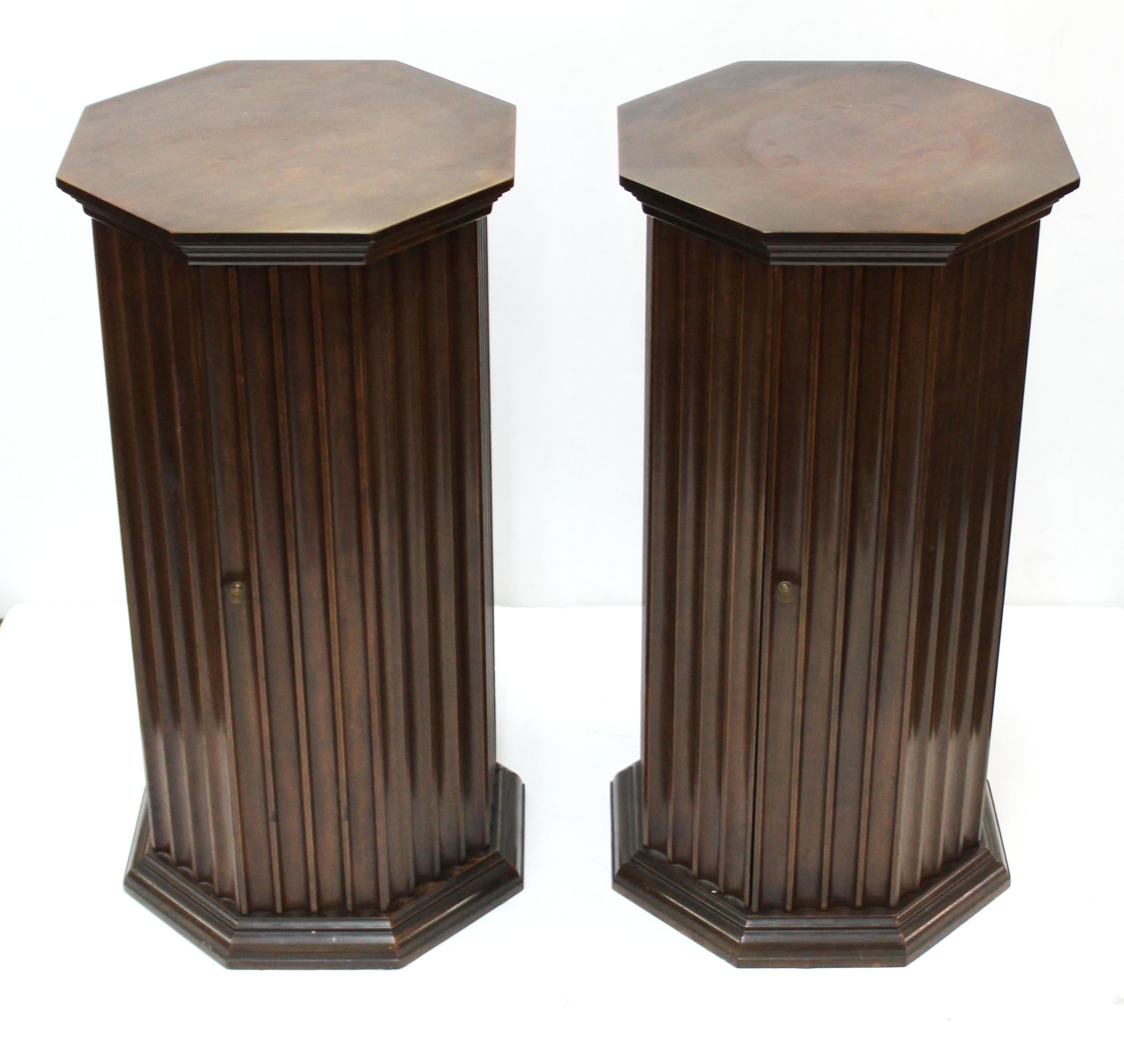 American Mid-Century Modern Octagonal Fluted Mahogany Pedestals with Doors and Shelves