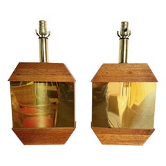 Mid Century Modern Octagonal Gold and Oak Wood Lamps - a Pair