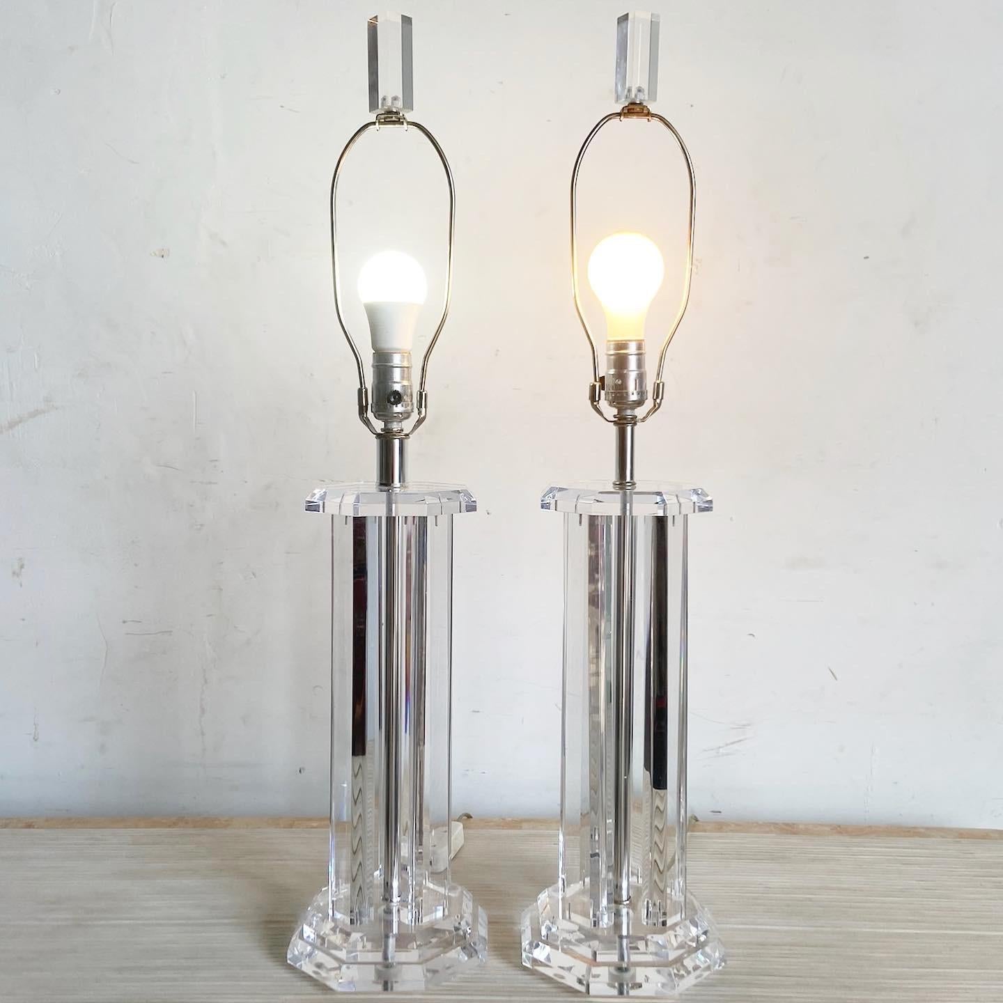 Mid-Century Modern Mid Century Modern Octagonal Lucite Table Lamps - a Pair For Sale